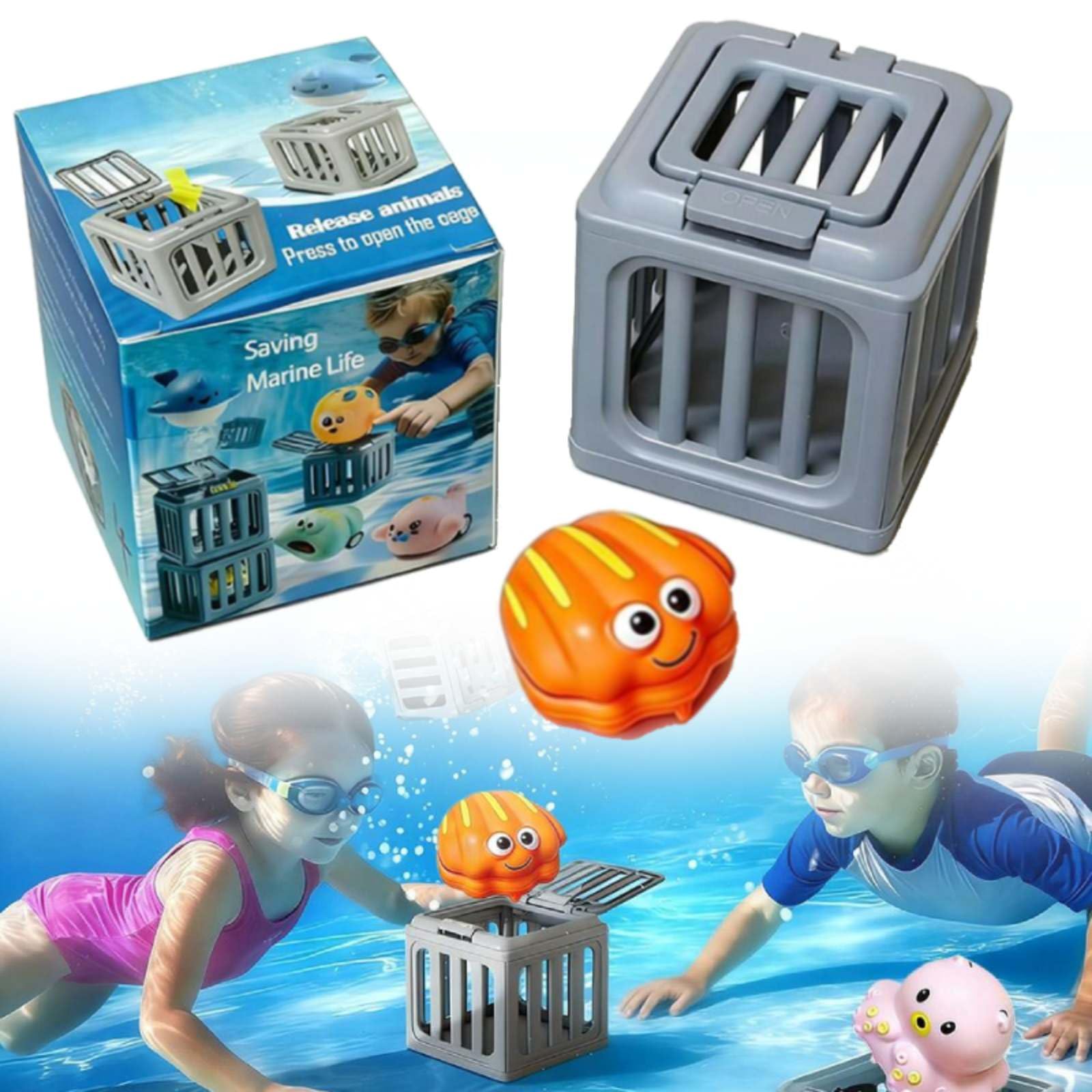 Underwater Dive Rescue Toy, Pool Diving Toys Summer Water Dive Pool Set with Fish Box Floating Animals, Colorful Animal Sinkies Swimming Training Party Gifts for 3-12 Year Old Boys and Girls(shell)