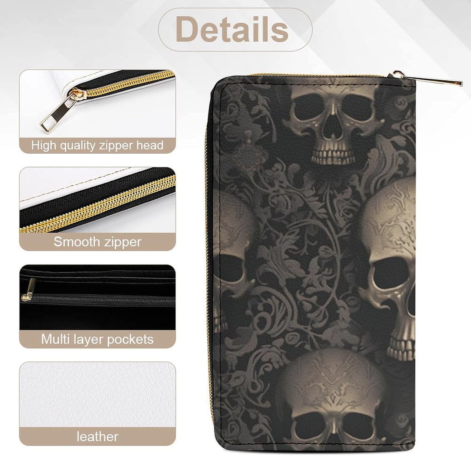 Gothic Wallpaper Skull Print Long Wallet for Women Men PU Leather Card Holder Organizer with Zipper Coin Pocket & Cash Slots
