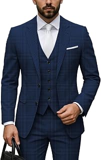 MoranX Classic Men's Suits Regular Fit 3 Piece Wool Plaid Tuxedos Business Blazer+Vest+Pants Formal Wedding Party