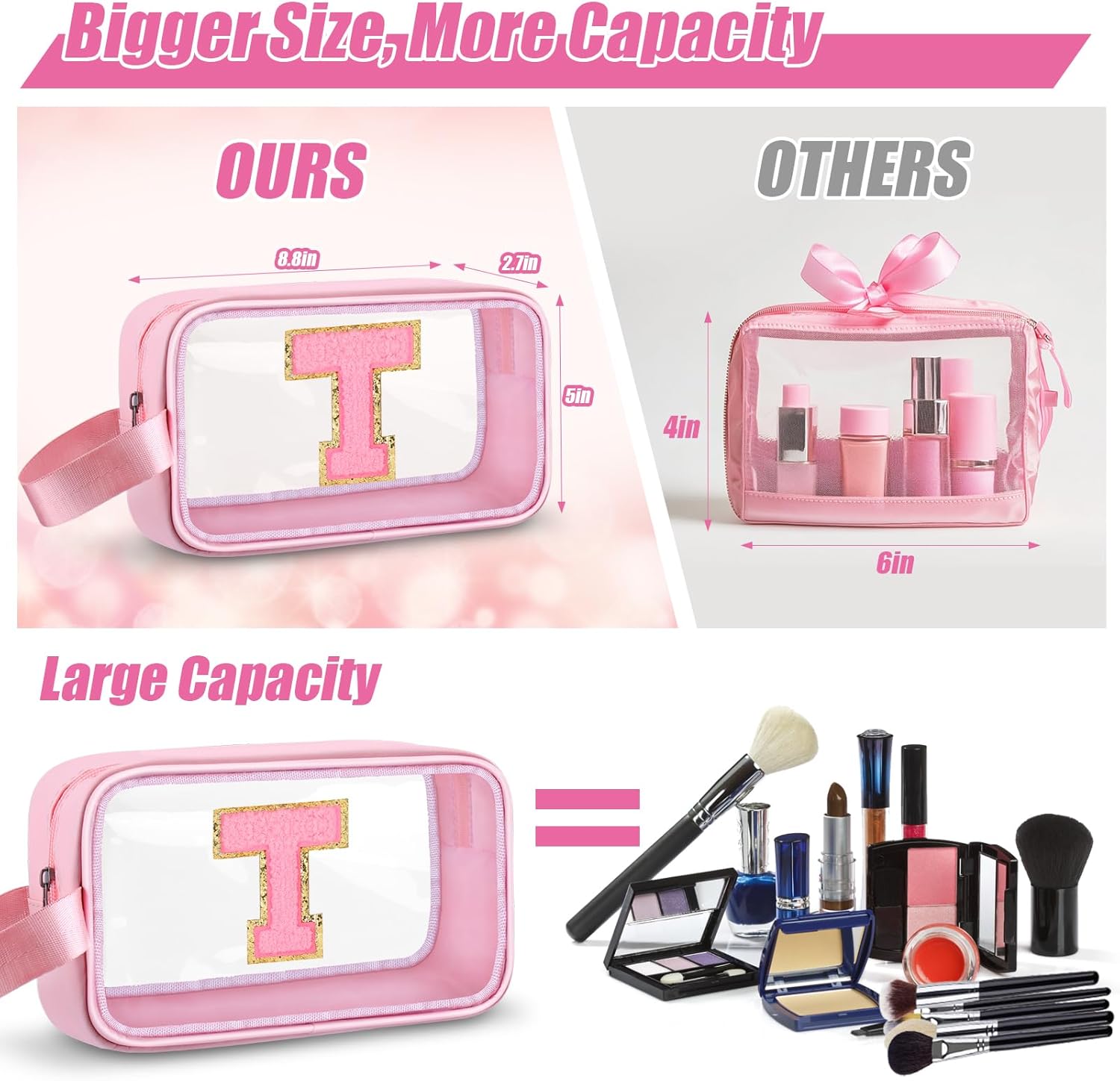 Initial Makeup Bag,Letter T Cute Clear Monogrammed Cosmetic Travel Bag for Womens Girls,Personalized Pink Aesthetic Traveling Make Up Organizer Bag for Beach,Waterproof Toiletry Bag - Image 5