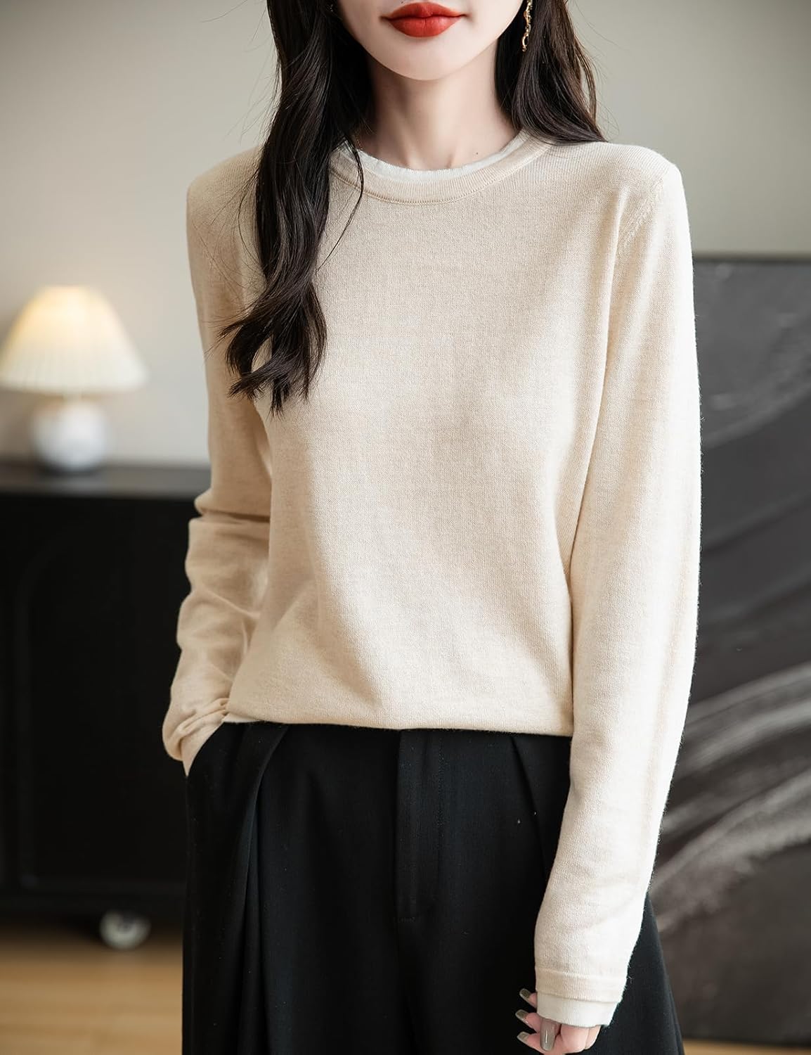 Women's Merino Wool Blend Sweater Fall Winter Fake Two Piece Color Block Shirt Crewneck Long Sleeve Knit Pullover - Image 5