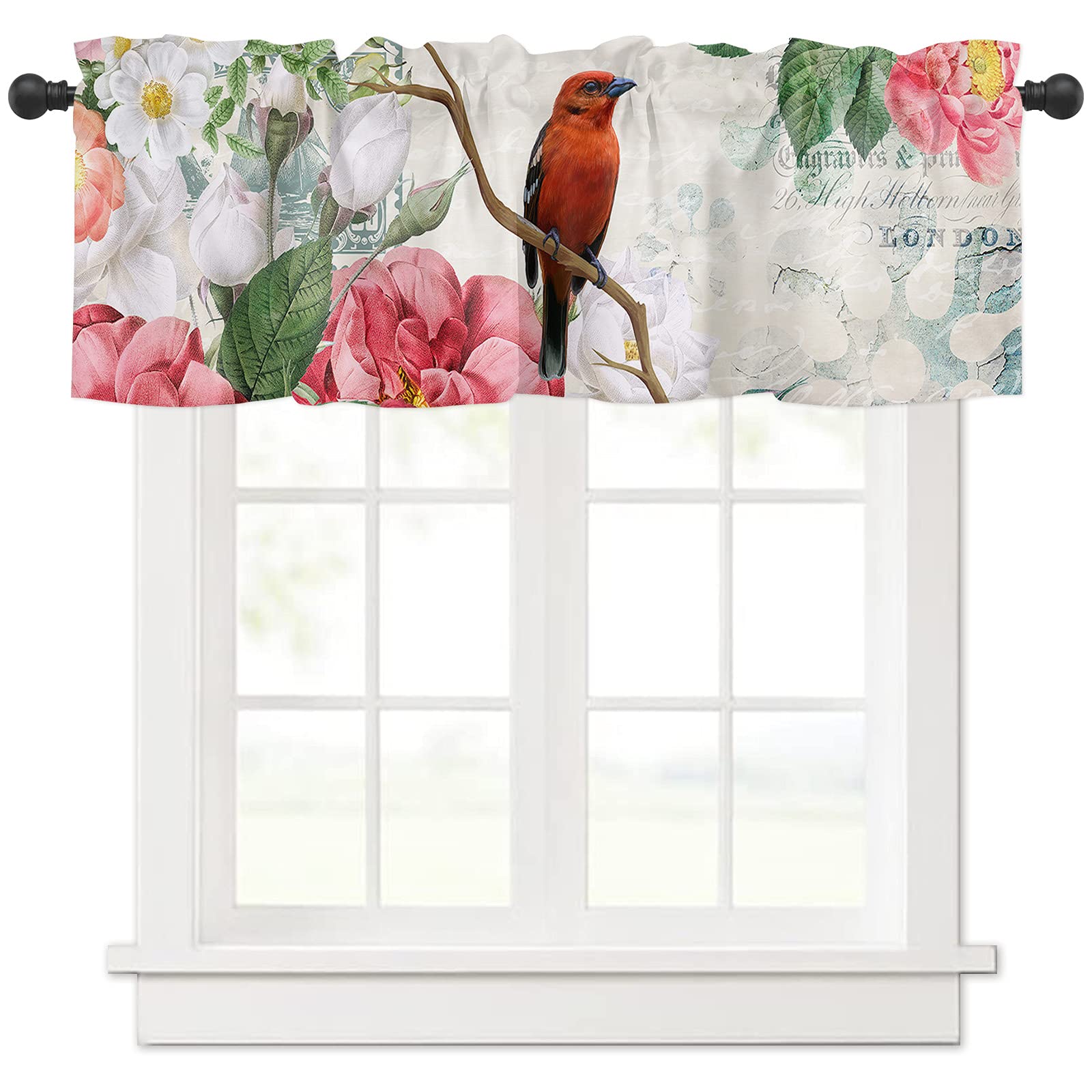 T&H XHomeValances for Windows Floral and Bird Tanager on Branches Retro Stamp Design Rod Pocket Window Valances Curtain Valance for Kitchen, Bathroom, Living Room, Bedroom, Farmhouse 42" W x 12" L
