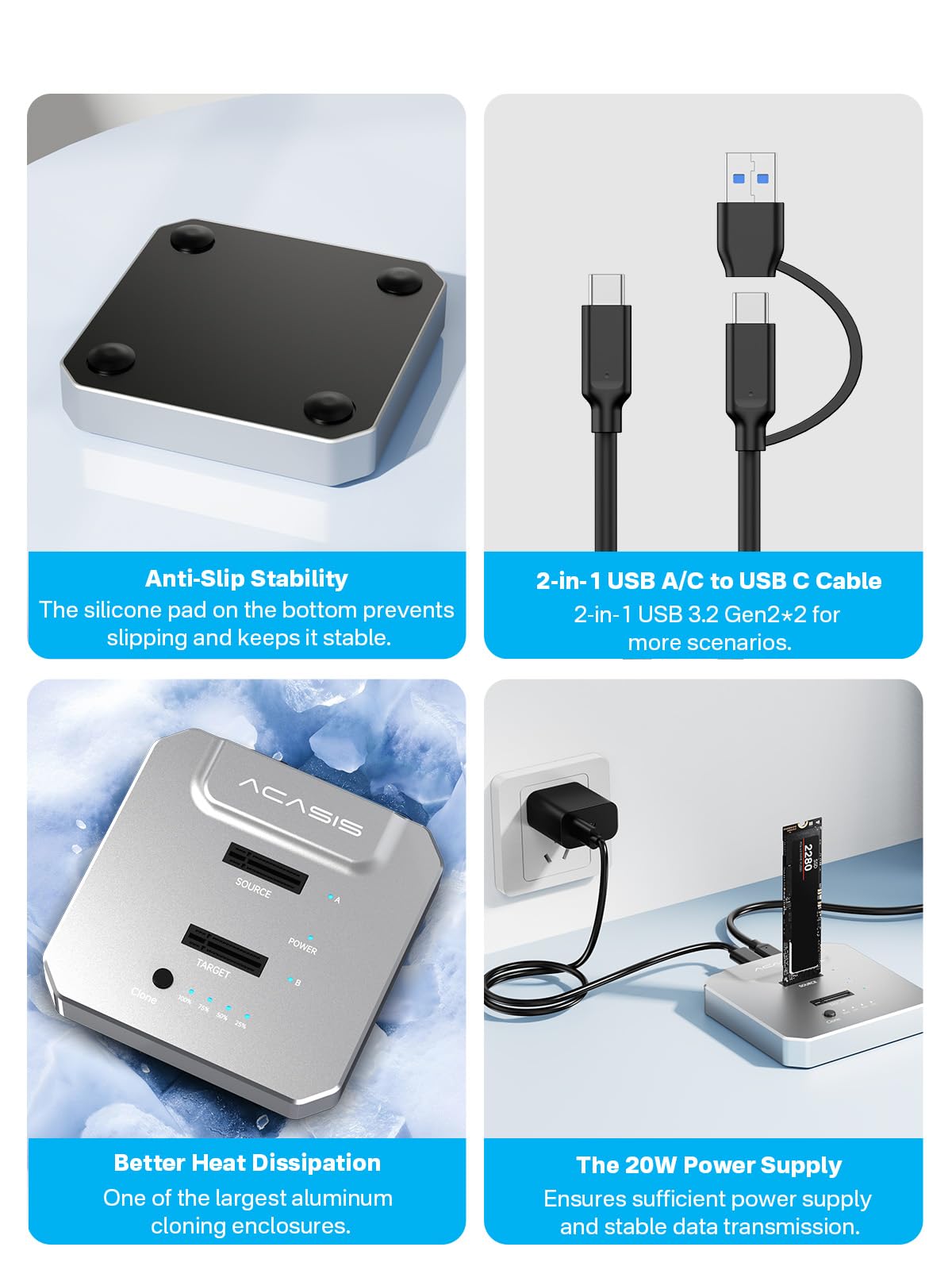 ACASIS Dual Bay Docking Station M.2 NVMe USB C 10Gbps, Clonazione Offline, Migrazione OS e Backup, Duplicatore SSD, USB 3.2 Gen 2, M-Key/B+M Key 2230/2242/2260/2280, Plug and Play
