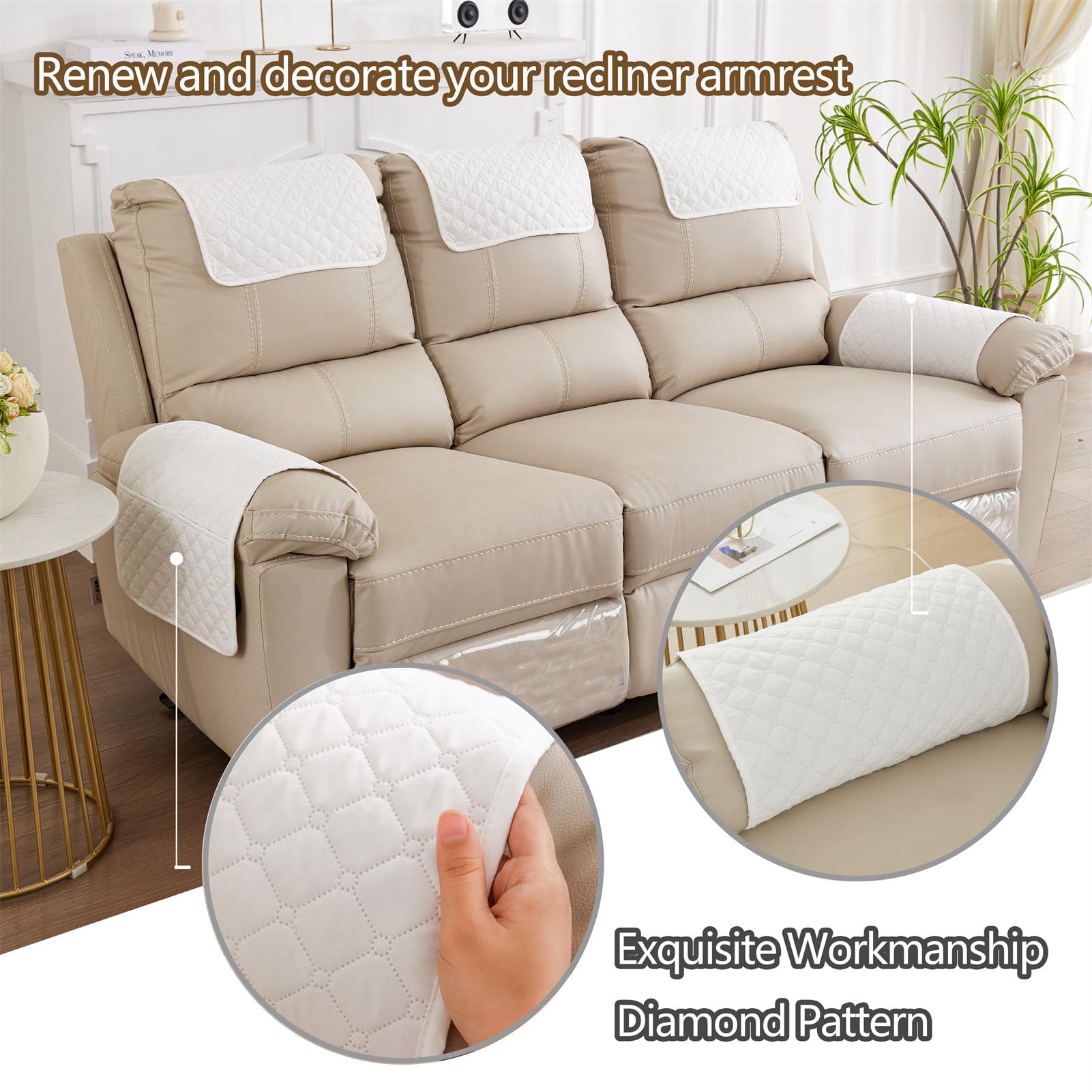 ZGDDPZA Armchair Arm Cover,Headrest Cover for Recliner Sofa Quilted Chair Arm Cover with Pockets Waterproof Non Slip Sofa Protectors Pet Dog (Beige,3-Seater 5pcs) - Image 2