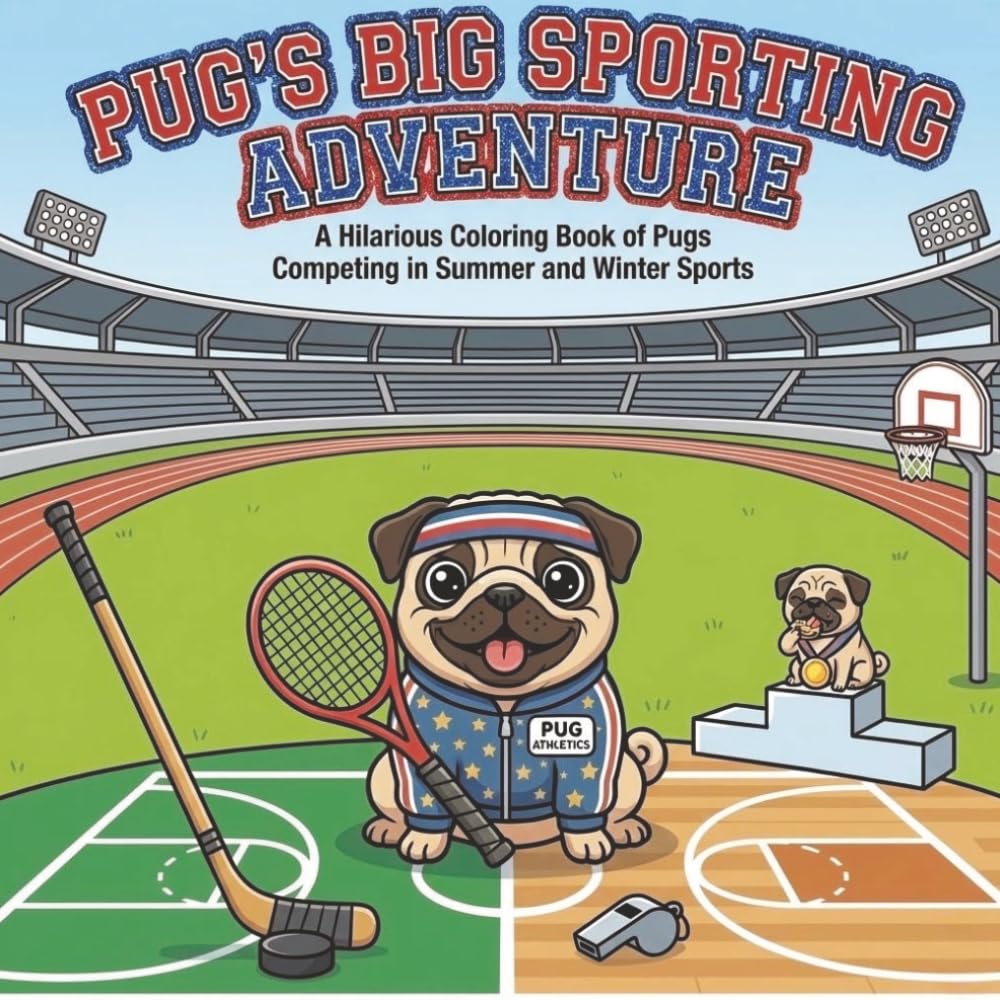 Pug’s Big Sporting Adventure: A Hilarious Coloring Book of Pug Competing in Summer and Winter Sports (The Chubby Pug Adventures Coloring Series)