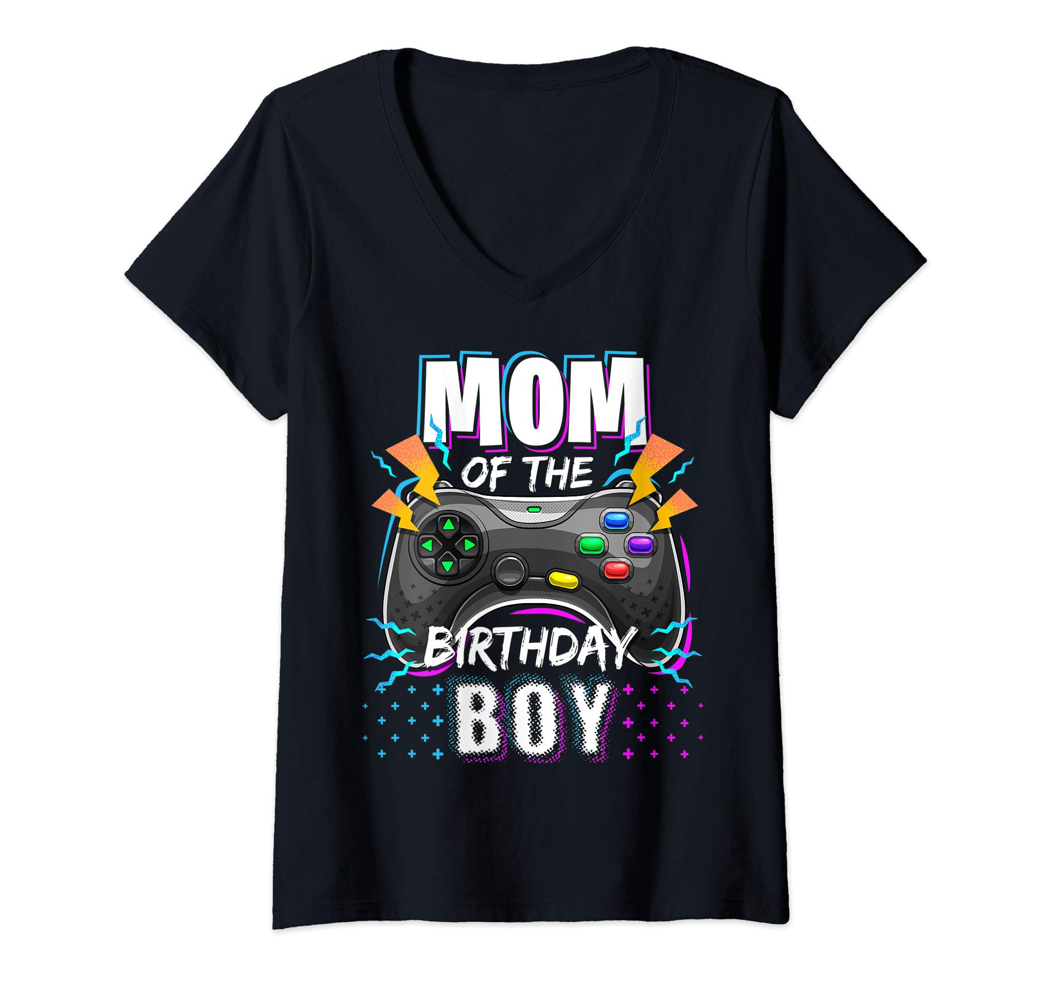 Womens Mom of the Birthday Boy Matching Video Game Birthday Party V-Neck T-Shirt