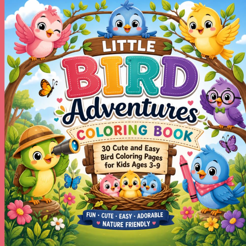 Little Bird Adventures Coloring Book: Cute and Easy Bird Coloring Pages for Kids Ages 3–9 | Fun, Simple, Adorable Nature and Bird Activity Book for Boys & Girls