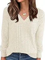 Blusa feminina de manga comprida com gola V, suéter de malha slim fit canelado, macio e aconchegante, perfeito para uso casual no outono e inverno