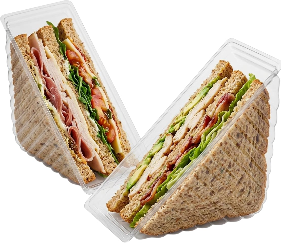 Tezraftaar® 100 x Clear Plastic Sandwich Wedges 11cm x 11cm x 6cm Disposable Triangle Deep Fill Boxes Without Lid for Catering Picnic Lunch Parties