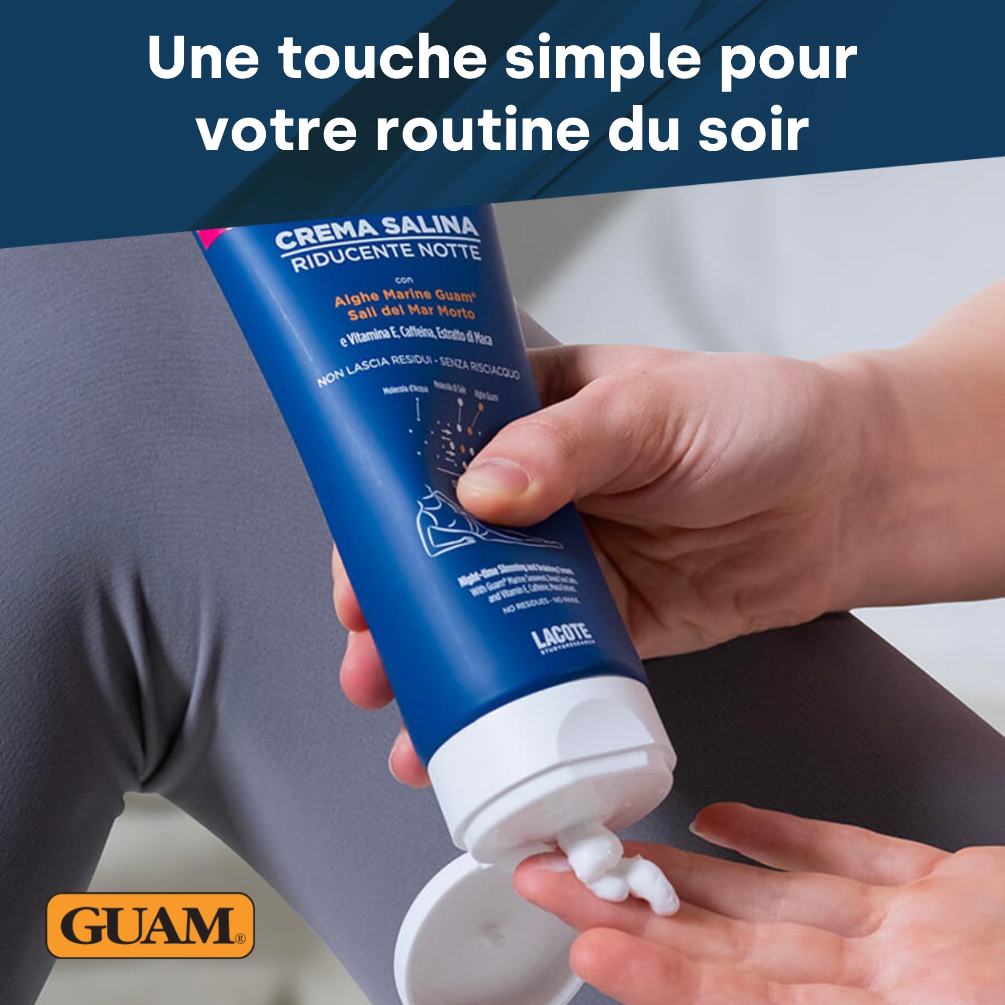 GUAM Crème Anti-Cellulite aux Algues pour Femmes avec Vitamine E, Caféine et Extrait de Maca - 200ml Traitement Salin Réducteur Nuit Intensif - Crème Raffermissante, Amincissante et Drainante Corps