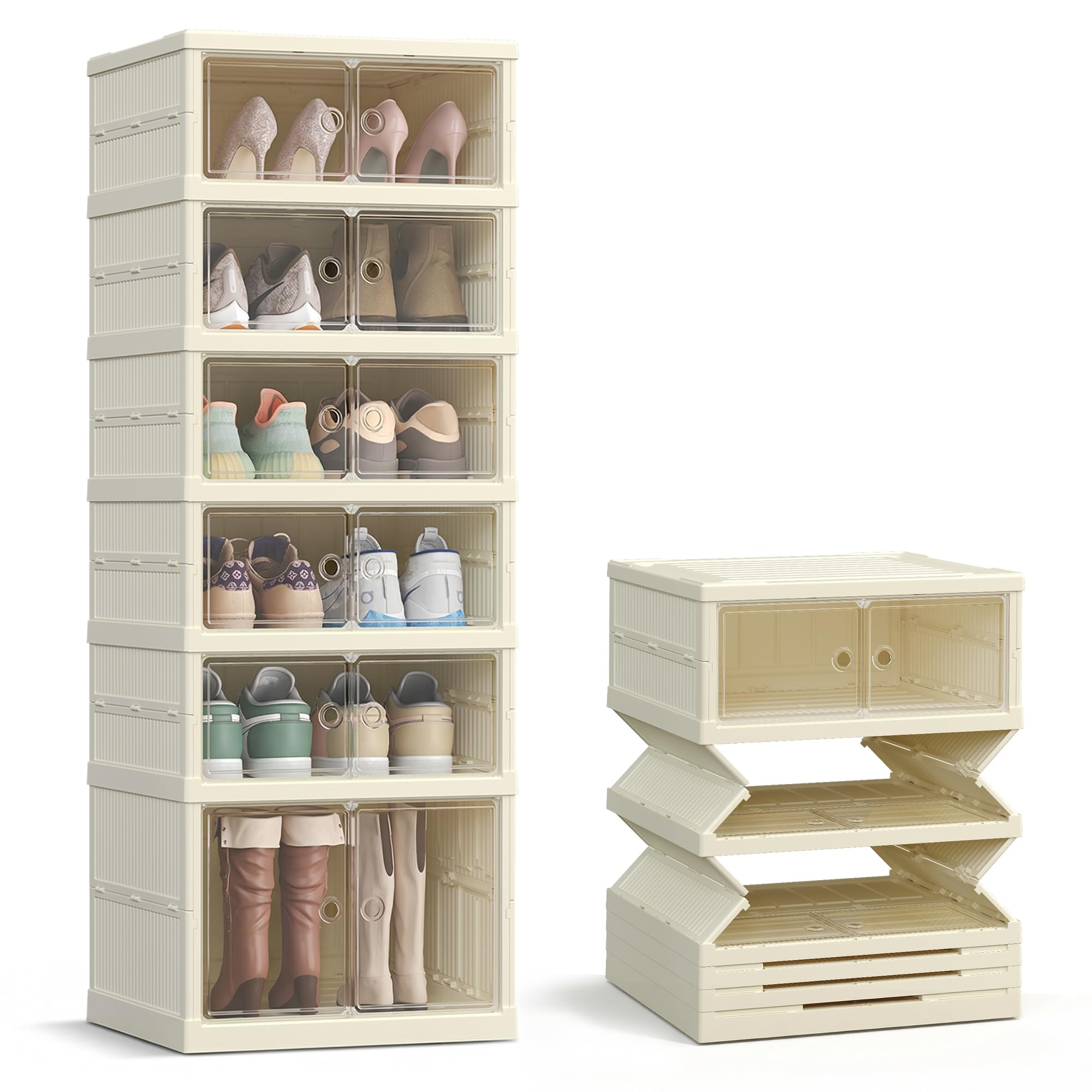 SONGMICS Schuhschrank, schmal, faltbar, Schuhregal, Organizer, transparente Tür, für 12 Paar, für Stiefel, Turnschuhe, Flur, Wohnzimmer, 6 Ebenen, Cremeweiß LSP912WD01