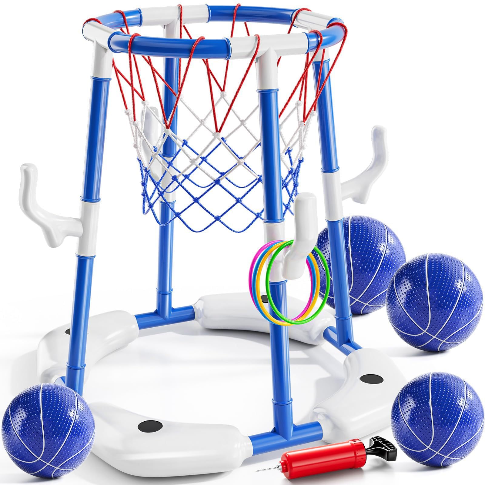 Pool Basketballkorb Schwimmender Basketballkorb mit 4 Bällen 12 Wurfringe Pumpe Aufblasbar Wasserspiel