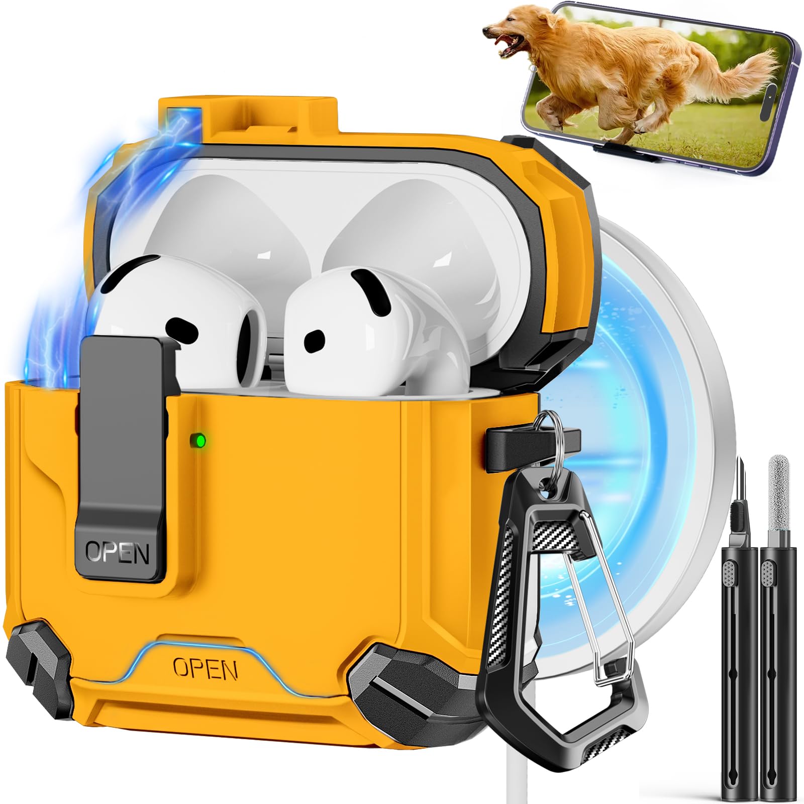 Pohgelan Compatible with AirPods 4th Case,Magnetic Automatic Lock with Phone Stand & Cleaning Kit,Compatible with Magsafe Cover -Yellow