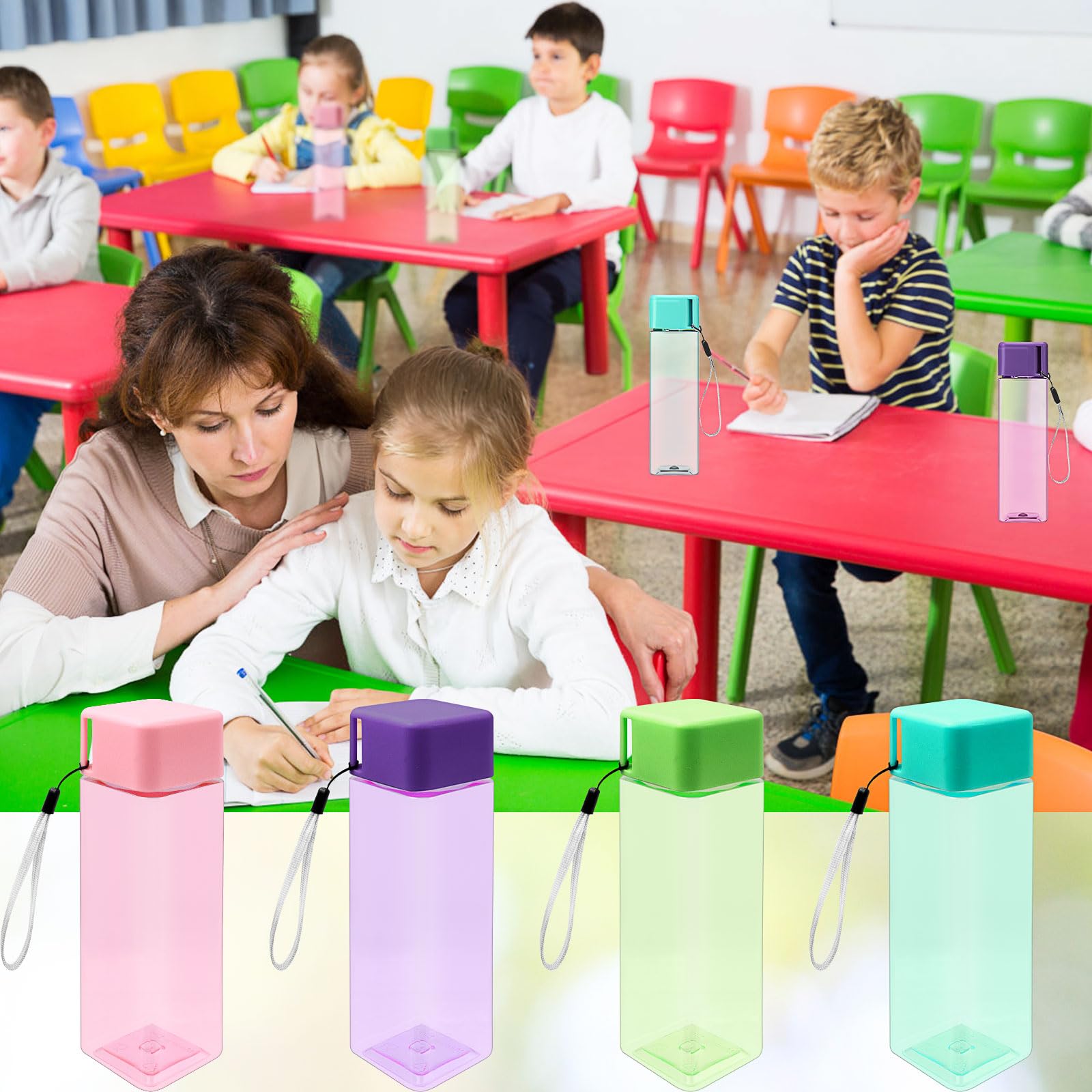 Lot de 20 Plastique Gourdes d’Eau 500ml pour Enfants – Bouteilles de Sport Réutilisables en Plastique avec Anse, Anti-Fuite, pour École, Salle de Sport, Activité Extérieure, Voyage