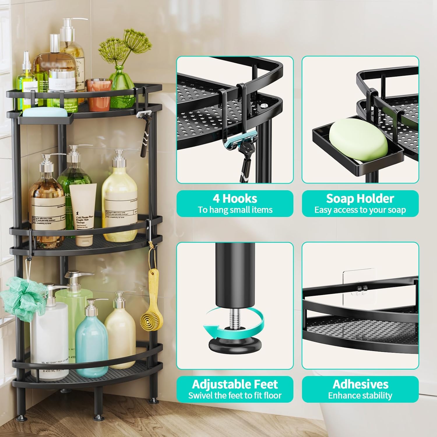HapiRm Standing Corner Shower Caddy - 3 Tier Shower Organizer Corner with Soap Holder and 4 Hooks, Rustproof Bathroom Storage Shelves with Adhesives, Black