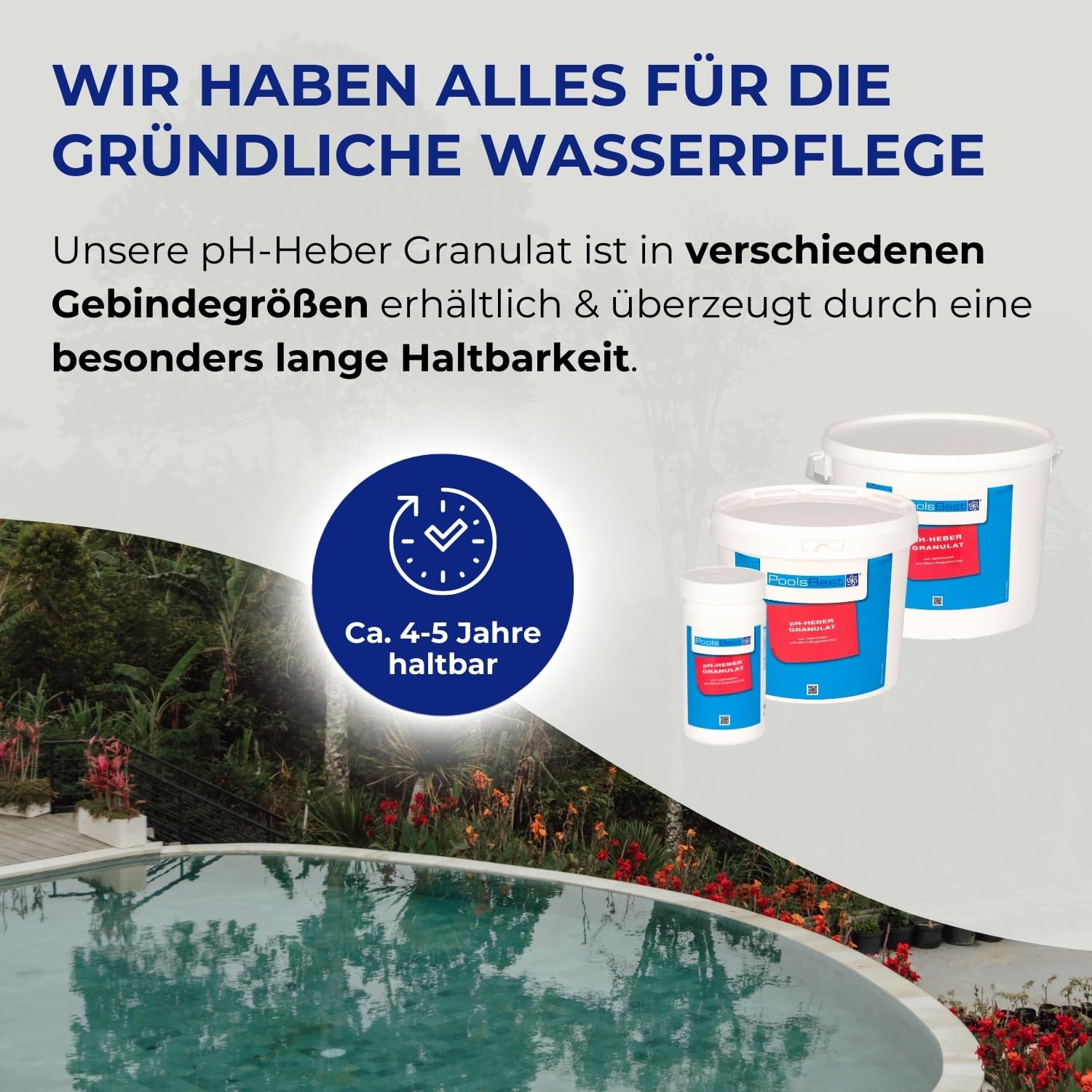 PoolsBest pH Heber Granulat 5kg I hochwertiger pH-Wert Heber Pool I Poolpflege pH Plus zur optimalen pH-Wert Regulierung I pH Heber Pool-Granulat inkl. Messbecher
