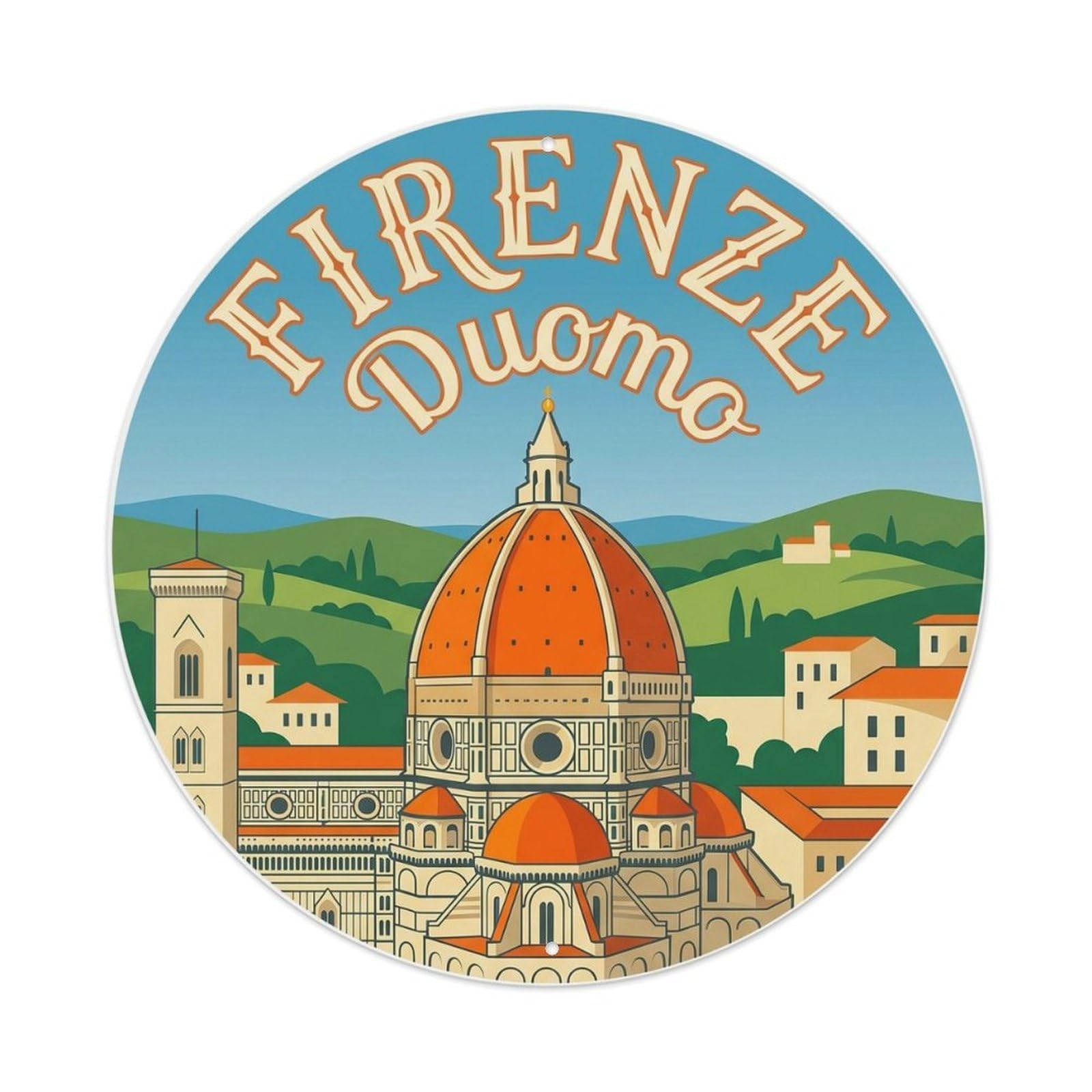 Vintage Travel Florence Duomo Tuscany Metal Tin Sign Plaque Wall Decor for Cafe, Club, Garden Round Metal Poster 8x8Inch