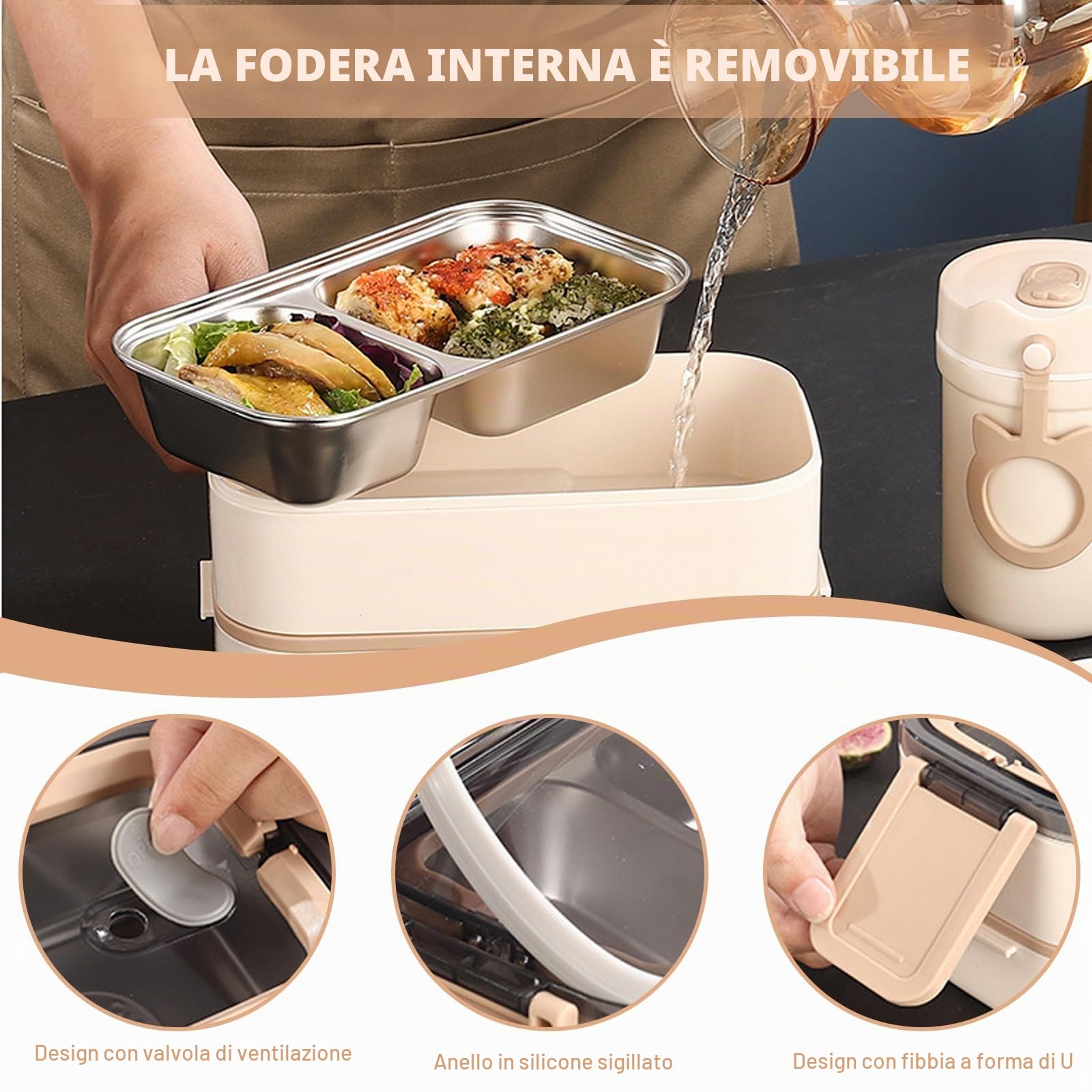Contenitore per il pranzo, 1400 ml, con 2 ripiani, grande volume, a prova di perdite, in acciaio inox, ermetico, con set di posate, senza BPA, adatto al microonde