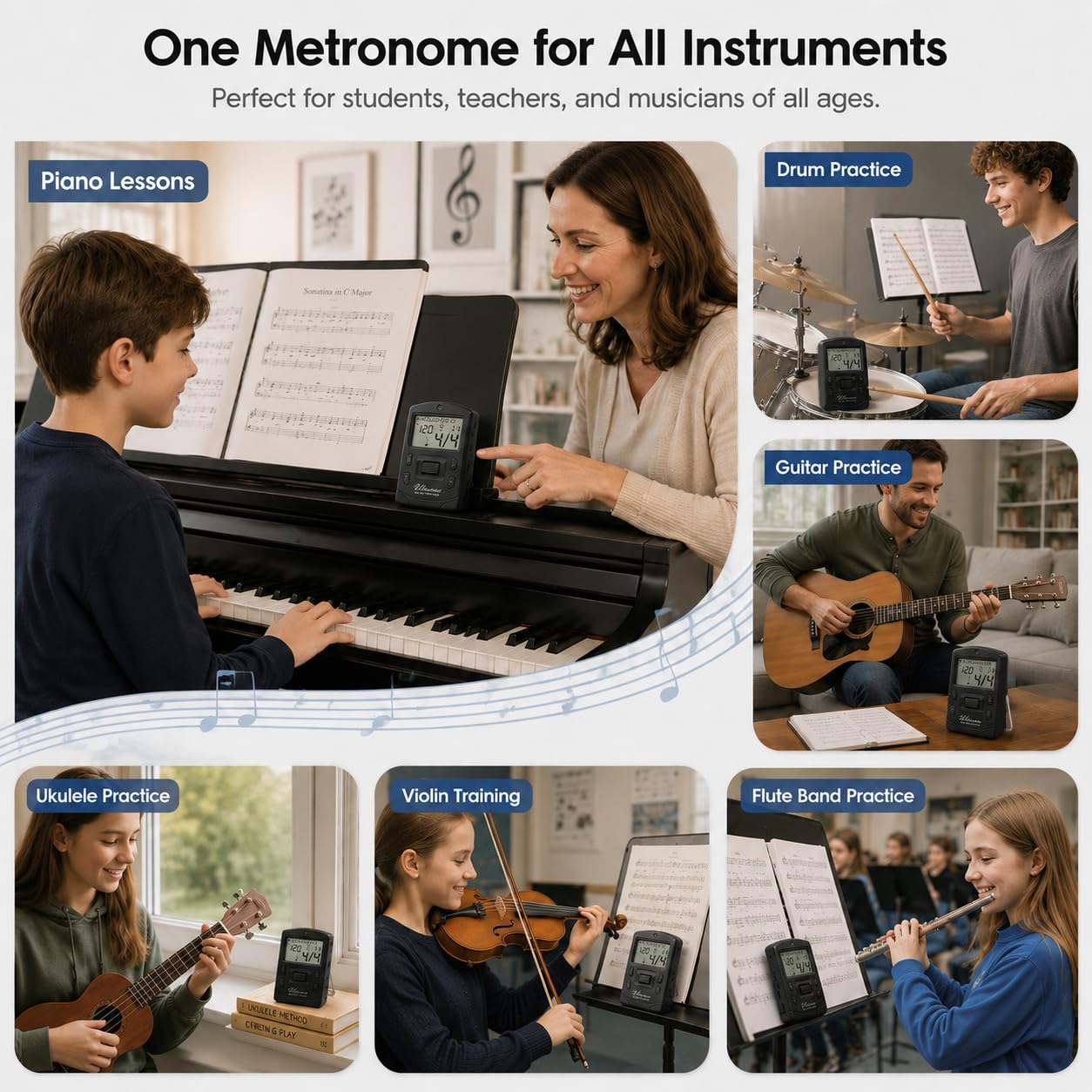 Ulumac AM-709 Métronome numérique rechargeable pour piano, guitare, batterie, violon et tous les instruments (câble USB-C inclus)