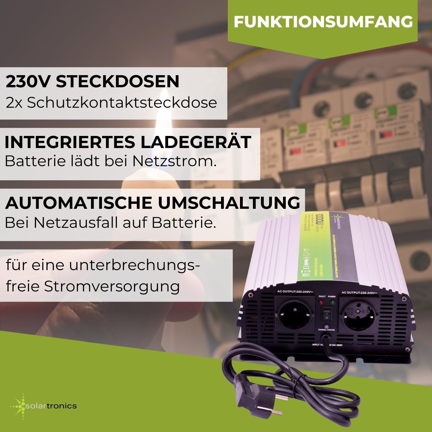 Solartronics Inverter Trasformatore Di Tensione UPS 12V 1000W - Puro Seno, Caricabatterie Integrato, Per Camper E Ufficio - 3