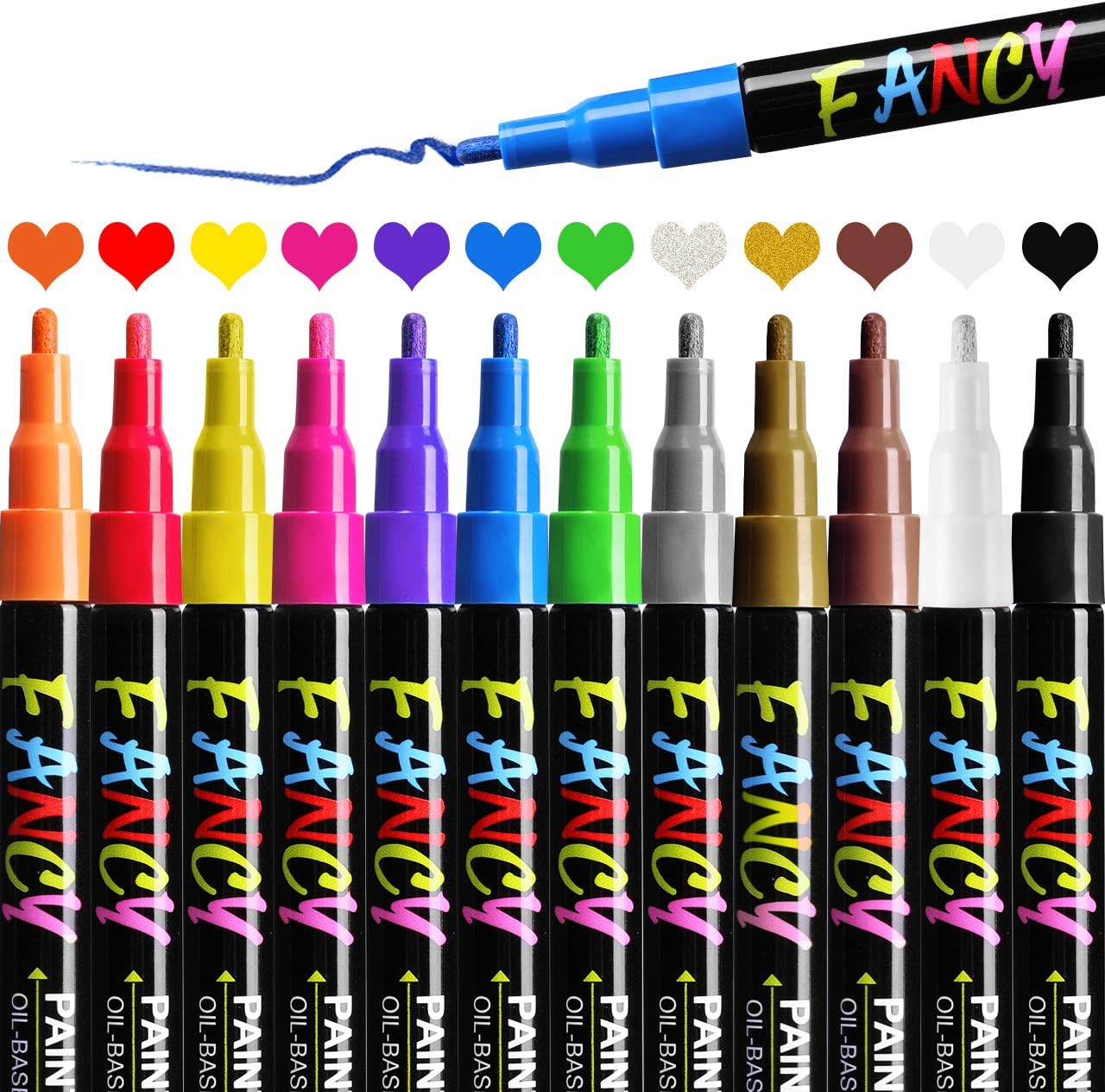 Paint Pens,Emooqi Paint Markers 12 colors（1mm）Oil-Based Painting Waterproof Pen Set Ideal for Christmas Decorations Rocks Painting Wood Fabric Plastic Canvas Glass Mugs DIY Craft