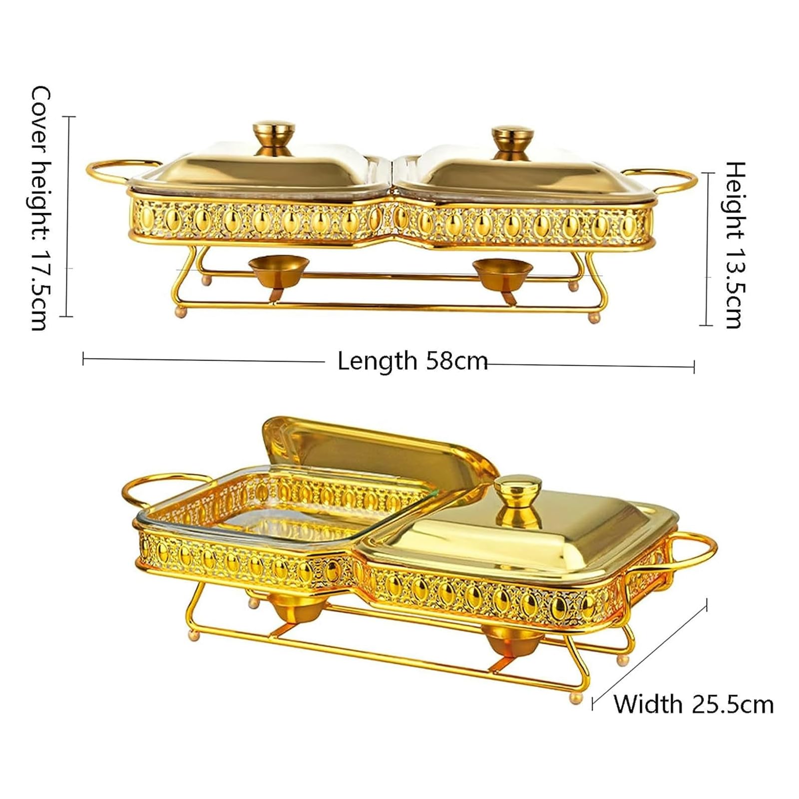 Calefacción buffet – Juego de buffet de hot pot buffet, set de calefacción plegable y buffet, olla de comida, olla de agua, estante de combustible y tapa para eventos de catering (dorado)