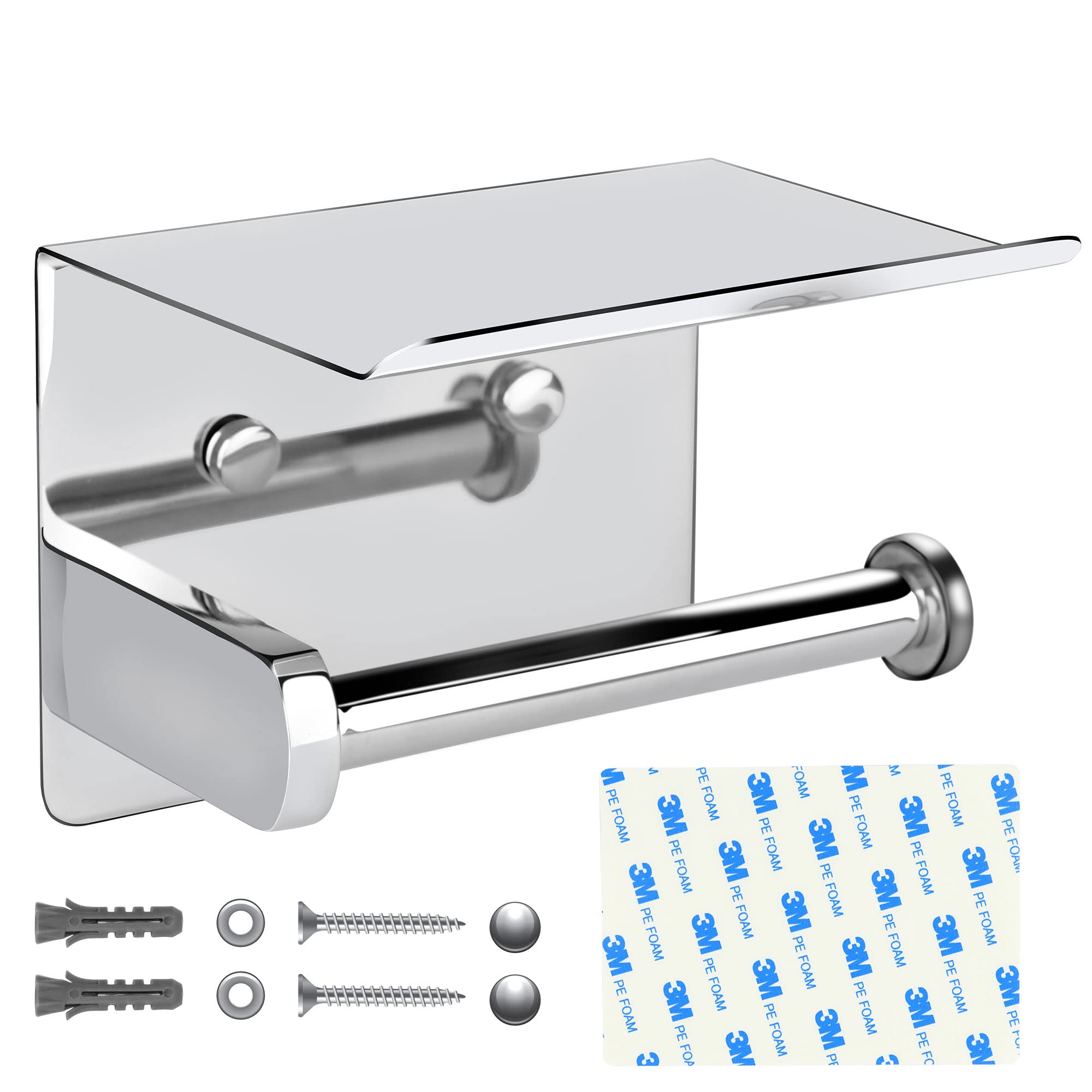 Self Adhesive Toilet Paper Holder with Phone Shelf LVYOUIF Stainless Steel Polished Finish Wall Mounted Toilet Paper Roll Holder Adhesive Or Drilling Tissue Roll Holder with Shelf