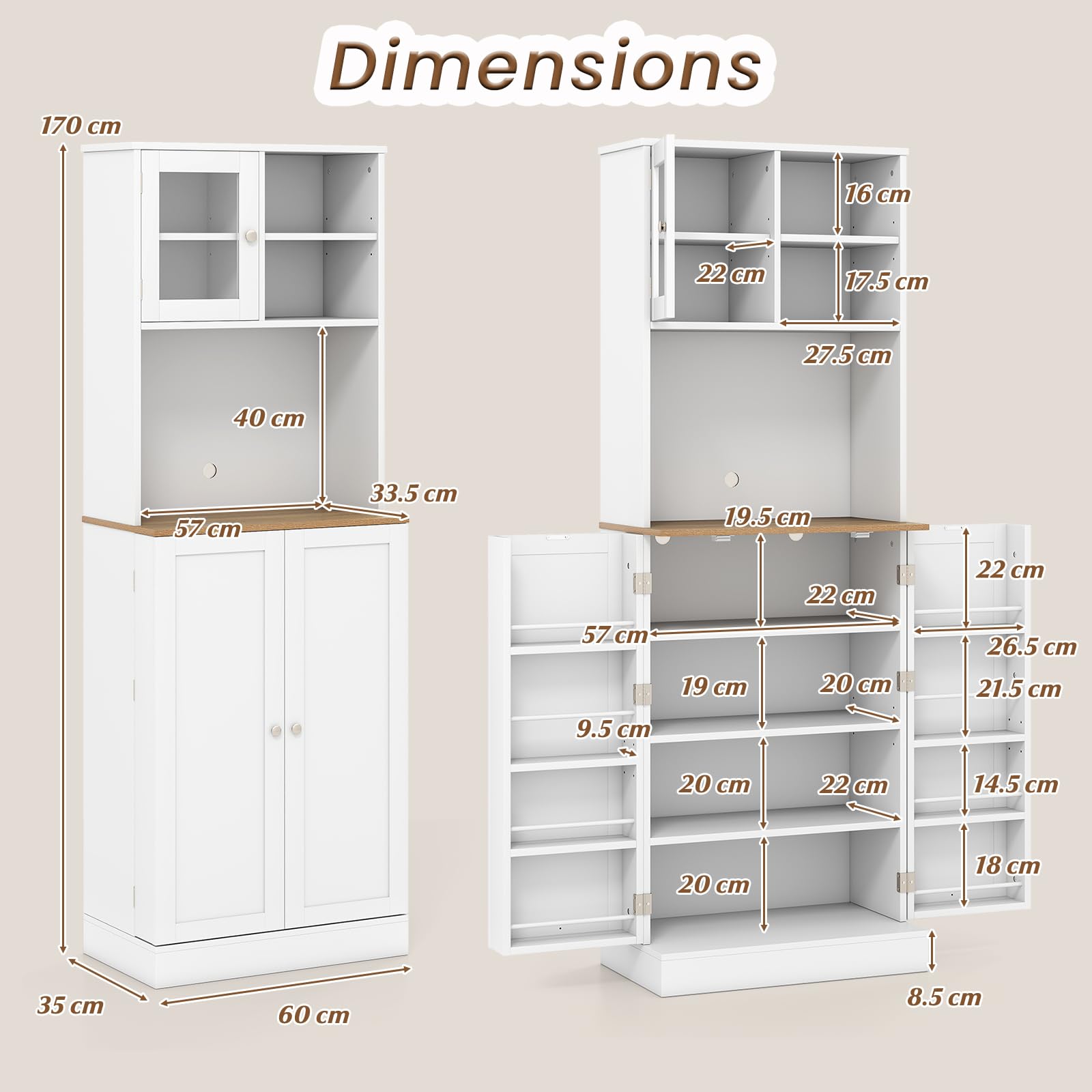KOMFOTTEU Credenza Alta da Cucina 170 cm con Ripiani Regolabili, Fori per Cavi, Porta in Vetro Temperato, Mobile Buffet per Soggiorno, Sala da Pranzo, 60 x 35 x 170 cm, Bianco