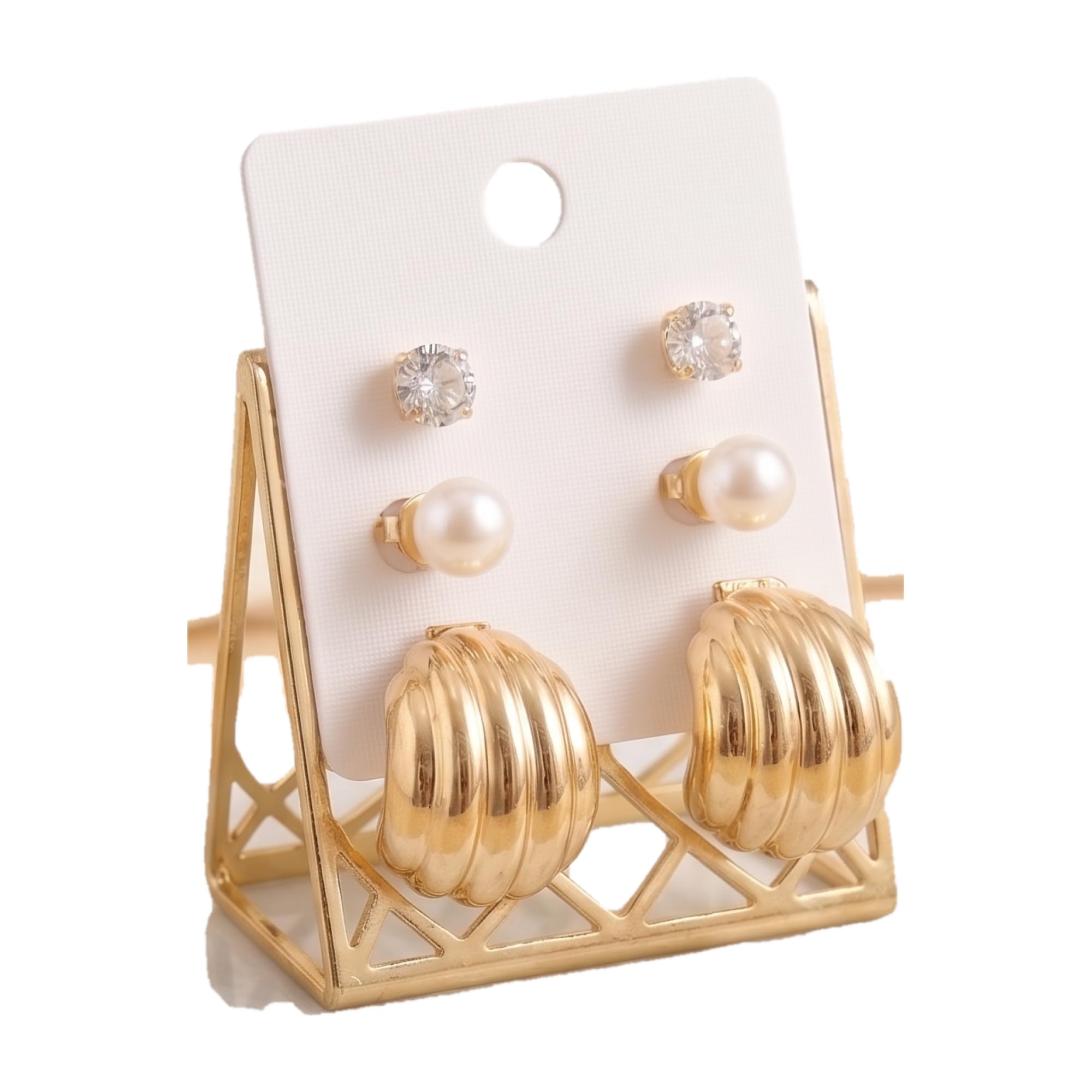 Warmette Gold Earrings Set for Women – 3 Pairs Cubic Zirconia Studs, Pearl Stud Earrings & Croissant Hoop Earrings | Gold Plated Hypoallergenic Earrings for Daily Wear, Office, Party & Gifts-image-11