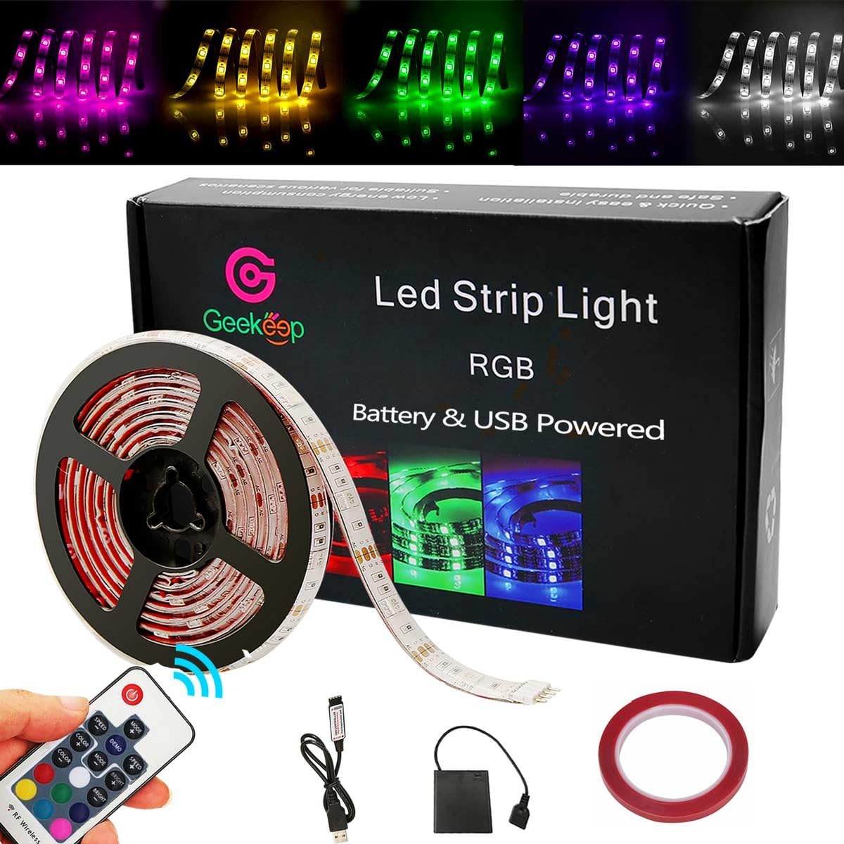 Battery Powered Led Strip Lights, Geekeep Waterproof RGB Led Strip Rope Lights with Remote,USB Cord and Bonus Roll Adhesive Tape (2m/6.56ft)