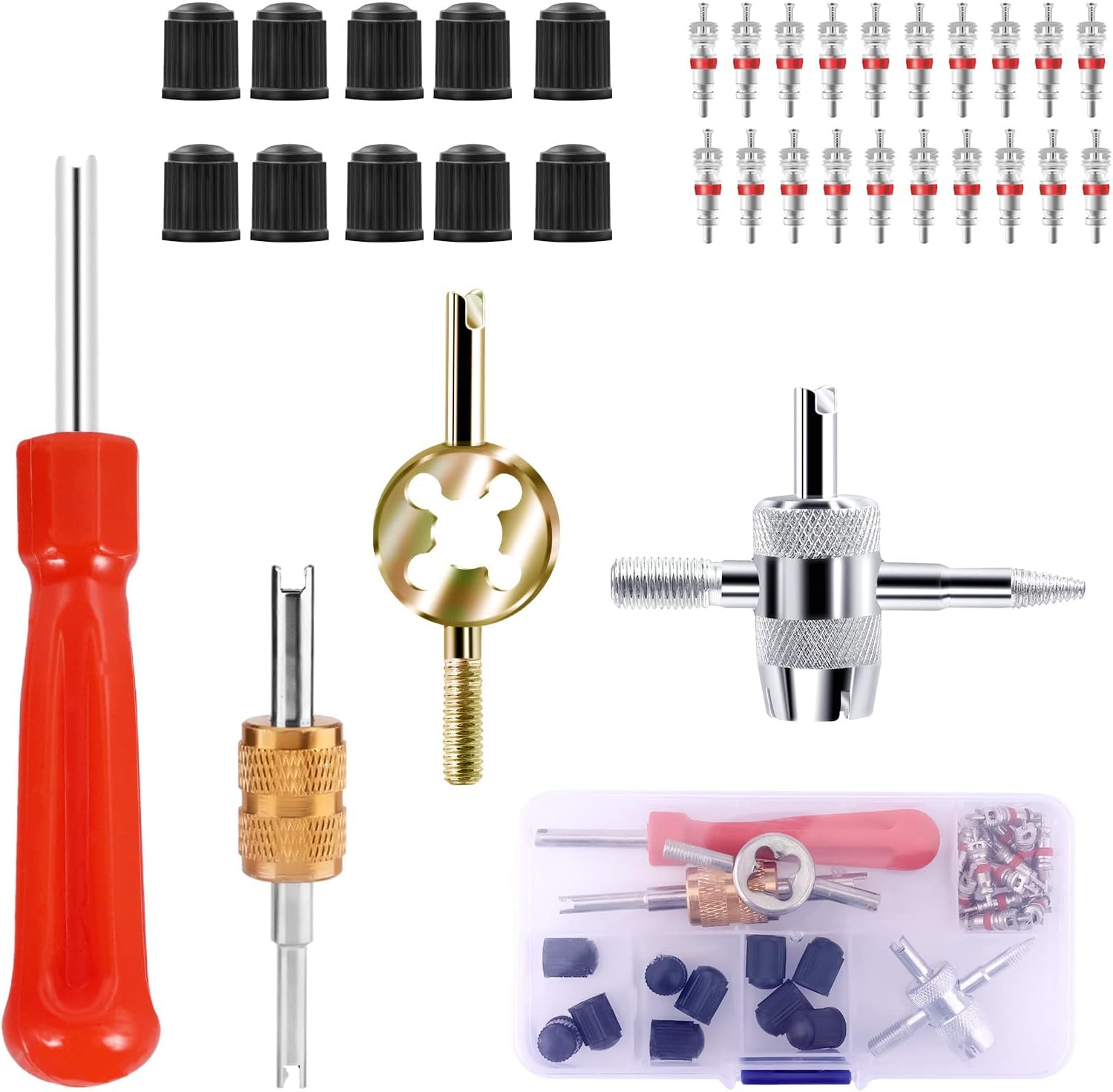 SAVITA 34pcs Car Tire Valve Repair Kit, Tire Valve Cap Removal Tool