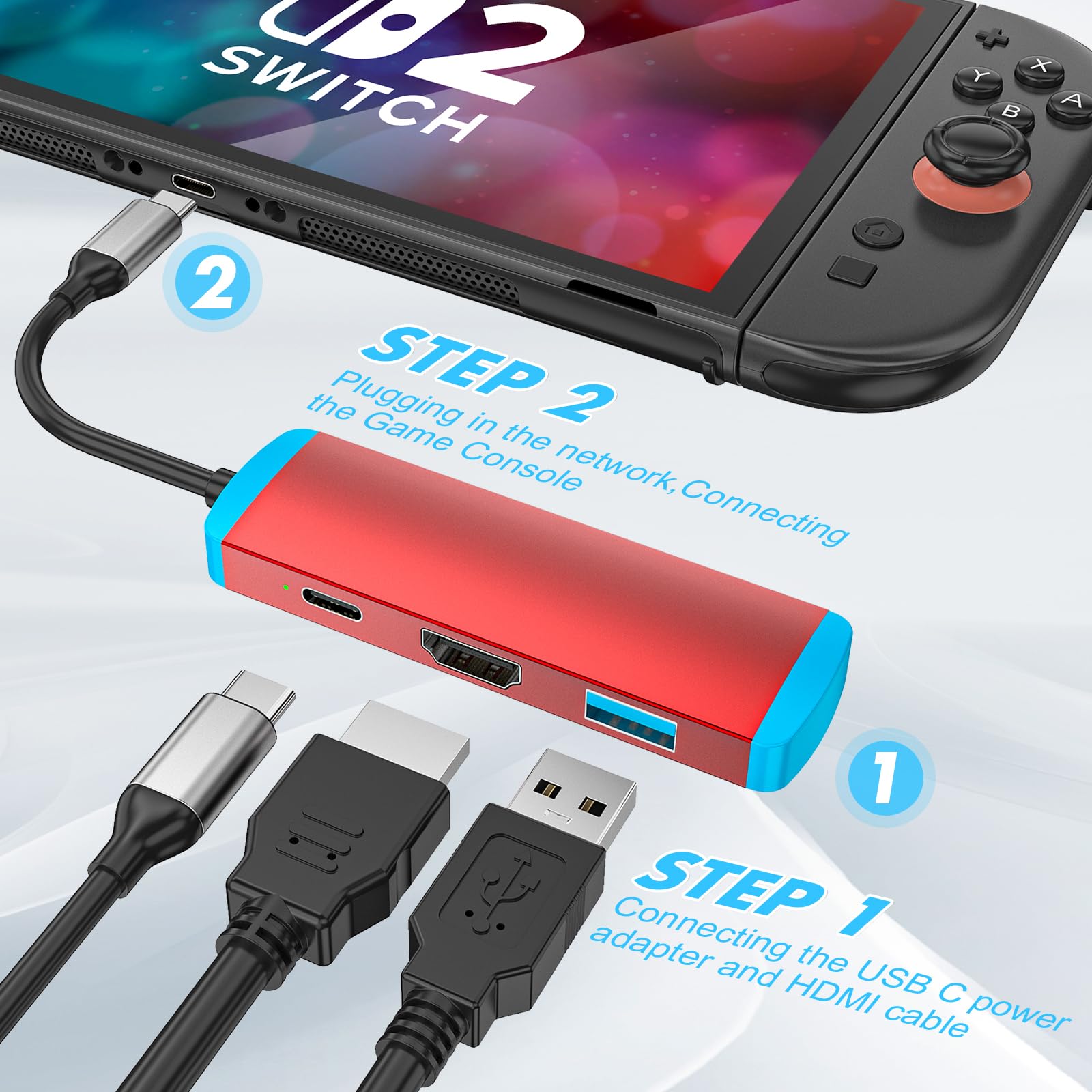 Adapter USB C na HDMI do Switch 2, stacja dokująca USB C z portem HDMI 4K przy 60 Hz, portem PD typu C, portem USB 3.0, zamiennik oficjalnego przełącznika 2, przełącznika, OLED, Steam Deck, Steam Deck