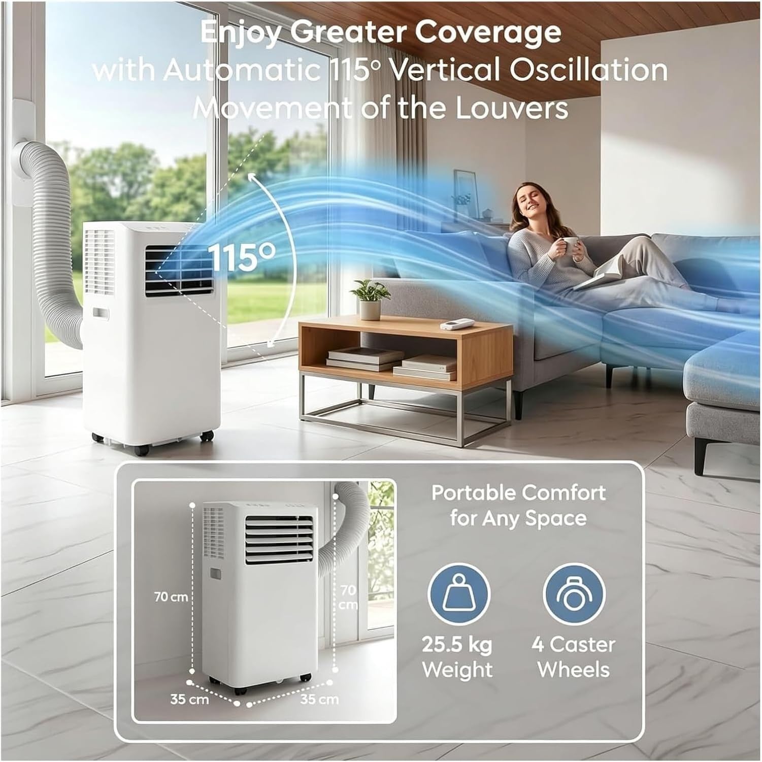 Tragbares Klimagerät 12000 BTU, hocheffizienter Klimagerät mit 24-Stunden-Timer und Fensterablauf-Set, für Büro und Zuhause bis zu 30 m², weiß, 7000 BTU