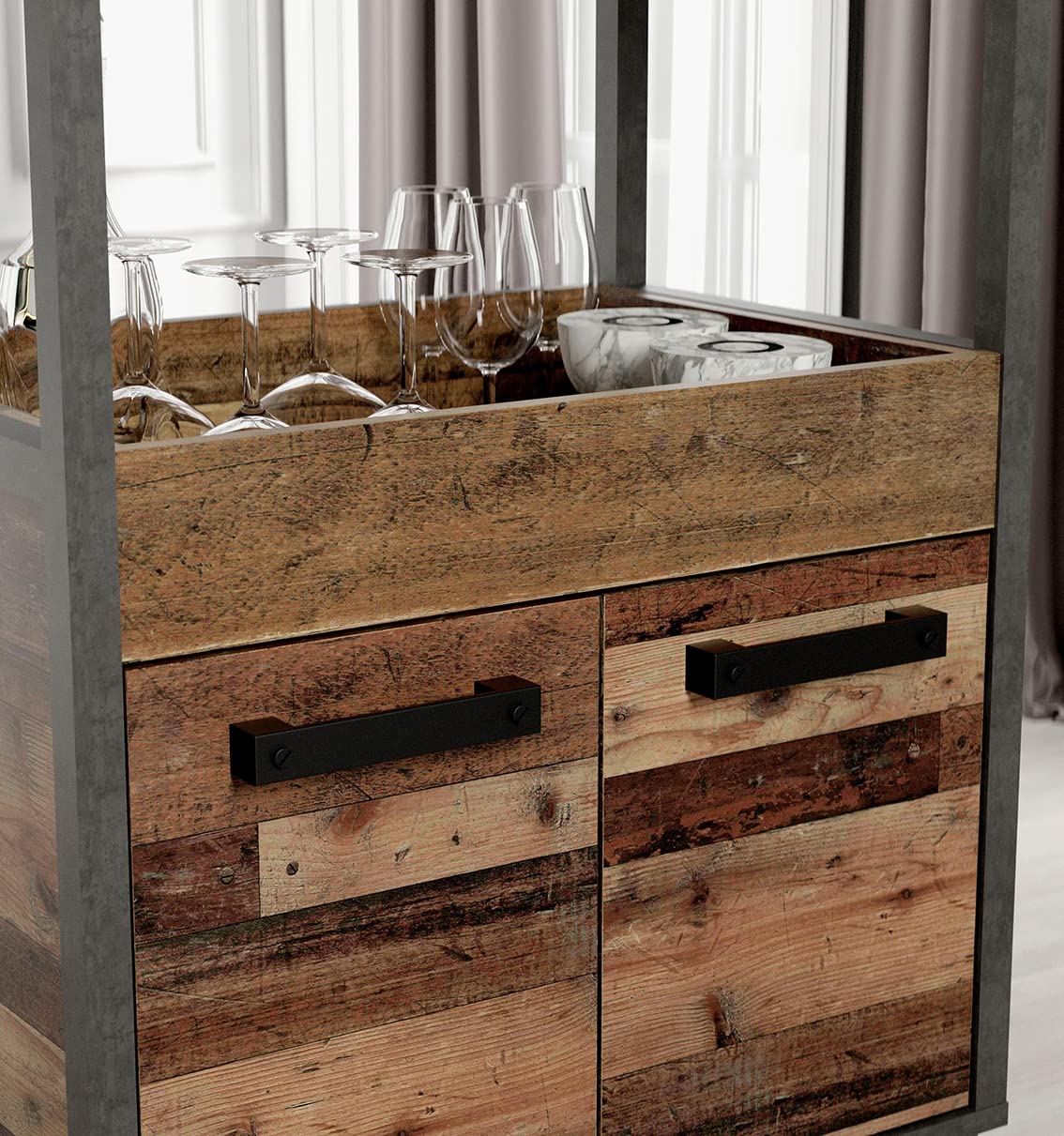 Benji - Mueble bar con 2 puertas y 2 bandejas de almacenamiento, patas sobre ruedas, madera antigua, hormigón oscuro