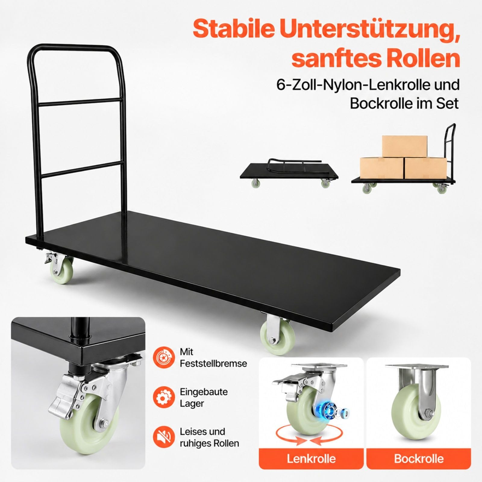 Klappbarer Plattformwagen aus legiertem Stahl, Tragfähigkeit 907 kg, mit Schwenkrädern und Griff, für Lager, Werkstatt, Fabrik und Gepäcktransport