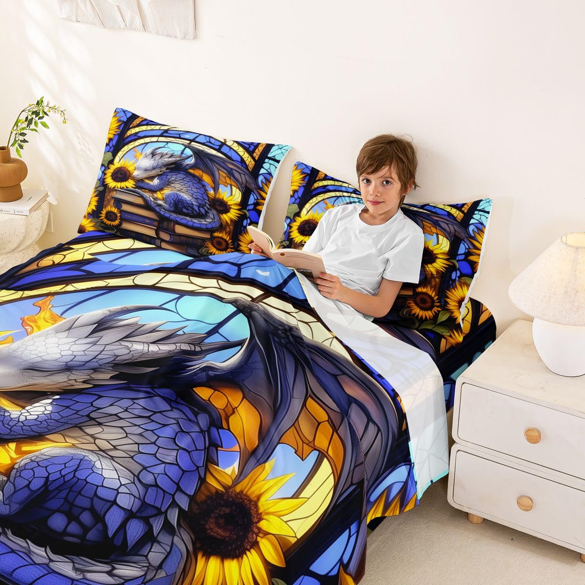 Homewish Zestaw pościeli ze smokiem podwójne prześcieradła słonecznikowe witraże styl książki zachodni smok pościel - kwiat magiczne stworzenia zestaw pościeli 4-częściowy