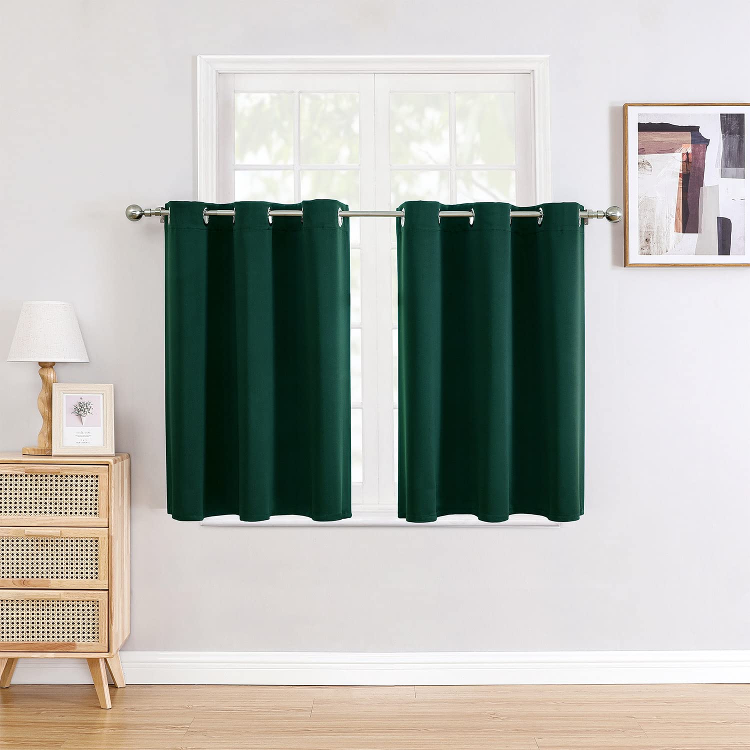 ChrisDowa Small Window Curtains for Kitchen and Bedroom - Grommet Short Thermal Insulated Room Darkening Curtains (2 Panels, Forest Green, 34 x 36