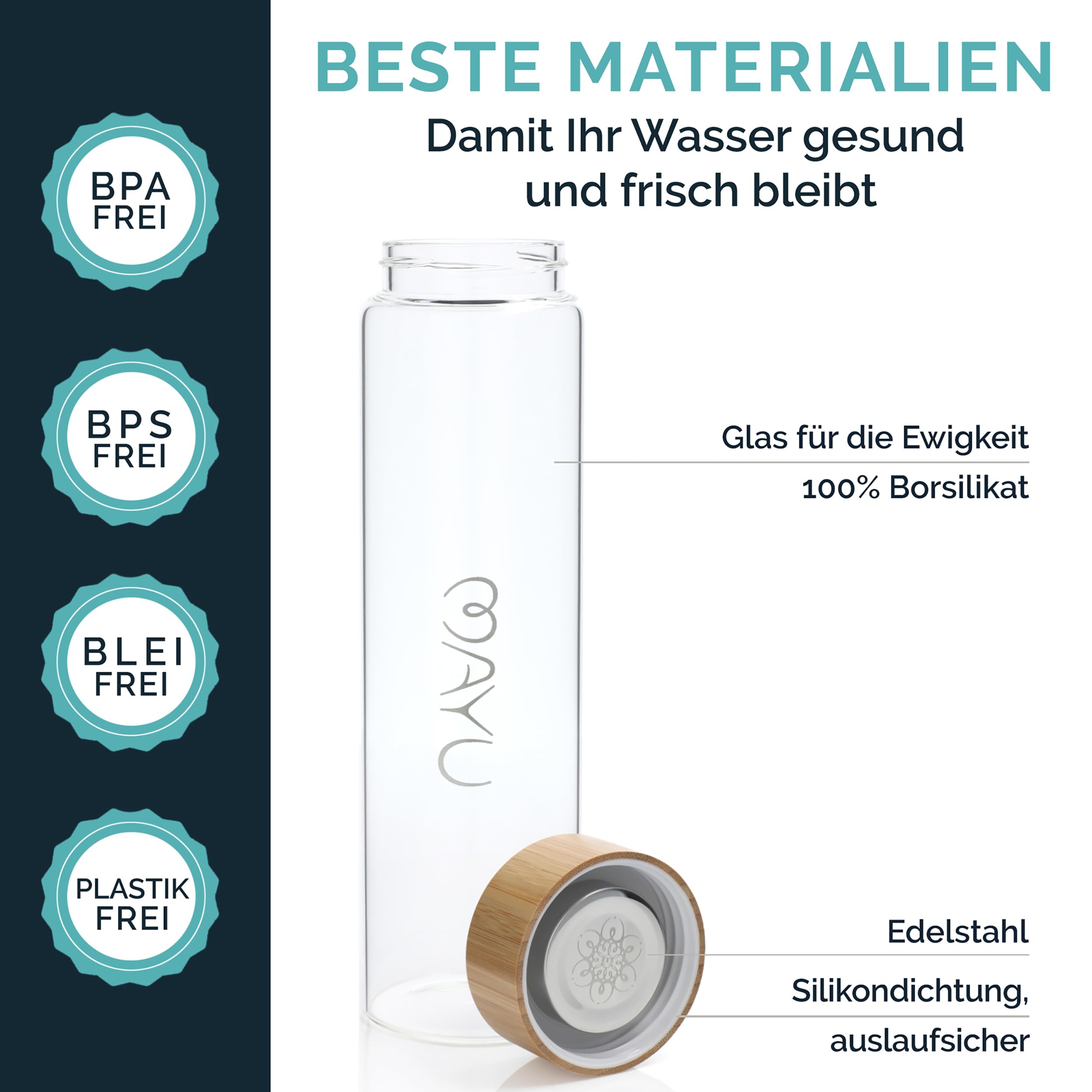 mayu Water Wasserflasche, Borosilikatglas, Bambusdeckel, 1,5 Liter | Integriertes Sieb, Bambus-Deckel, BPA-frei, auslaufsicher, umweltfreundlich, ideal für Wasser, Tee & Infused Water