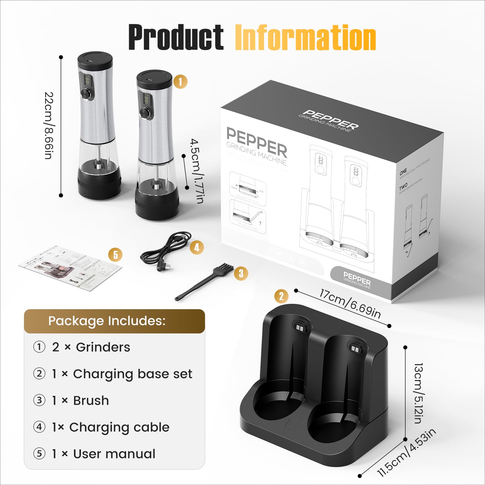 Set di 2 macinapepe elettrico – ricarica rapida USB-C con batteria da 800 mAh e stazione di ricarica, 5 livelli di ruvidità regolabile, illuminazione a LED e funzionamento con una sola mano