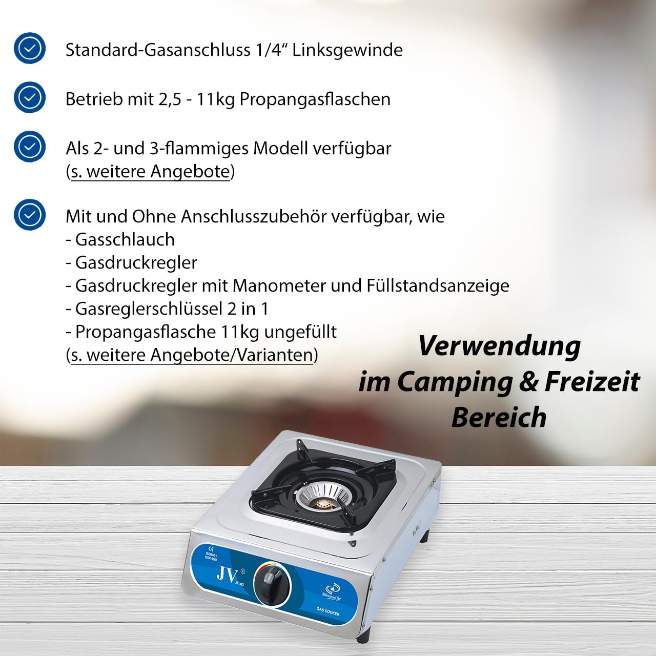 Campingkocher Edelstahl Gaskocher 1 flammig mit Zündsicherung und Piezozündung (ohne Zubehör)