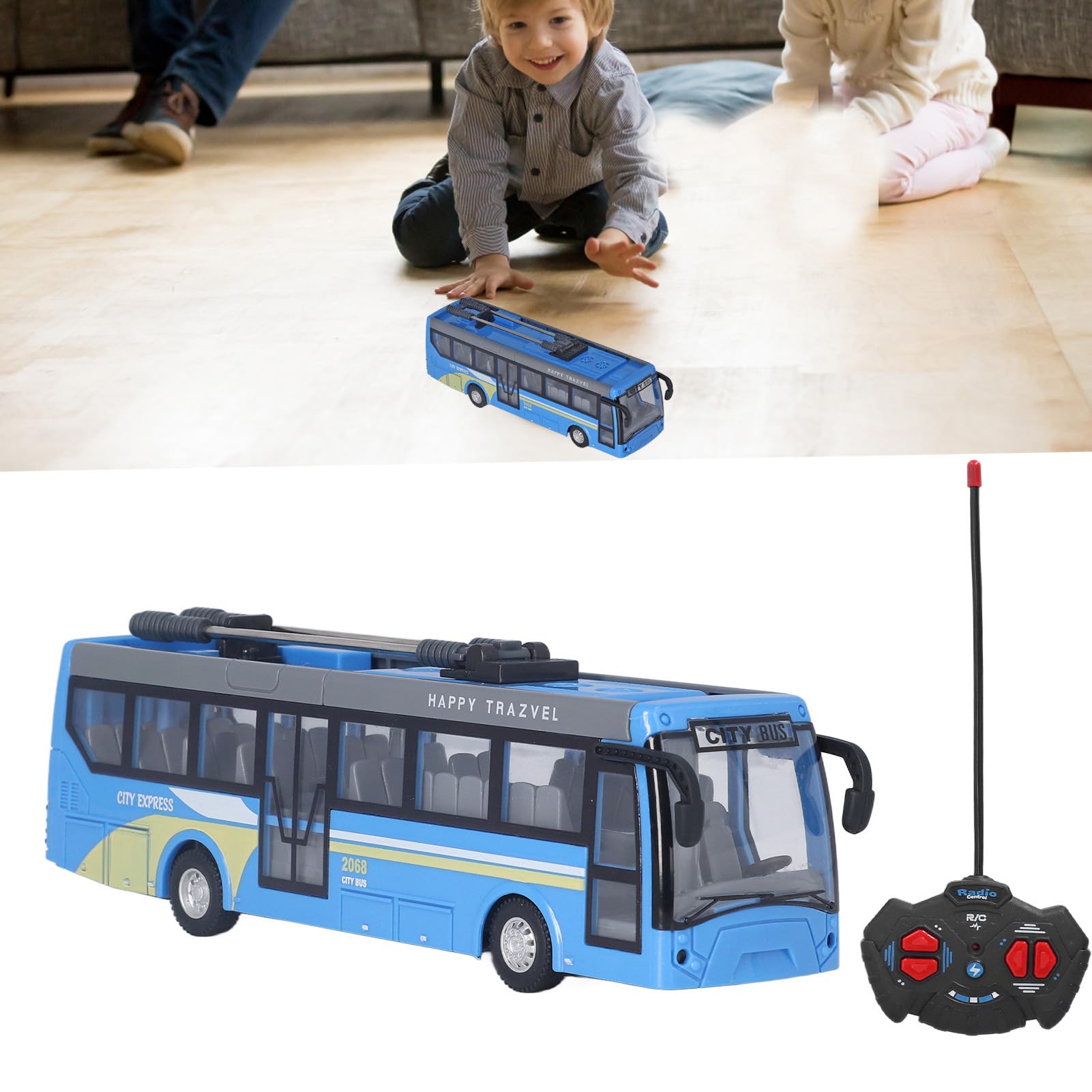 Control remoto autobús alta simulación todas las direcciones conducción recargable RC autobús escolar para niños (azul)