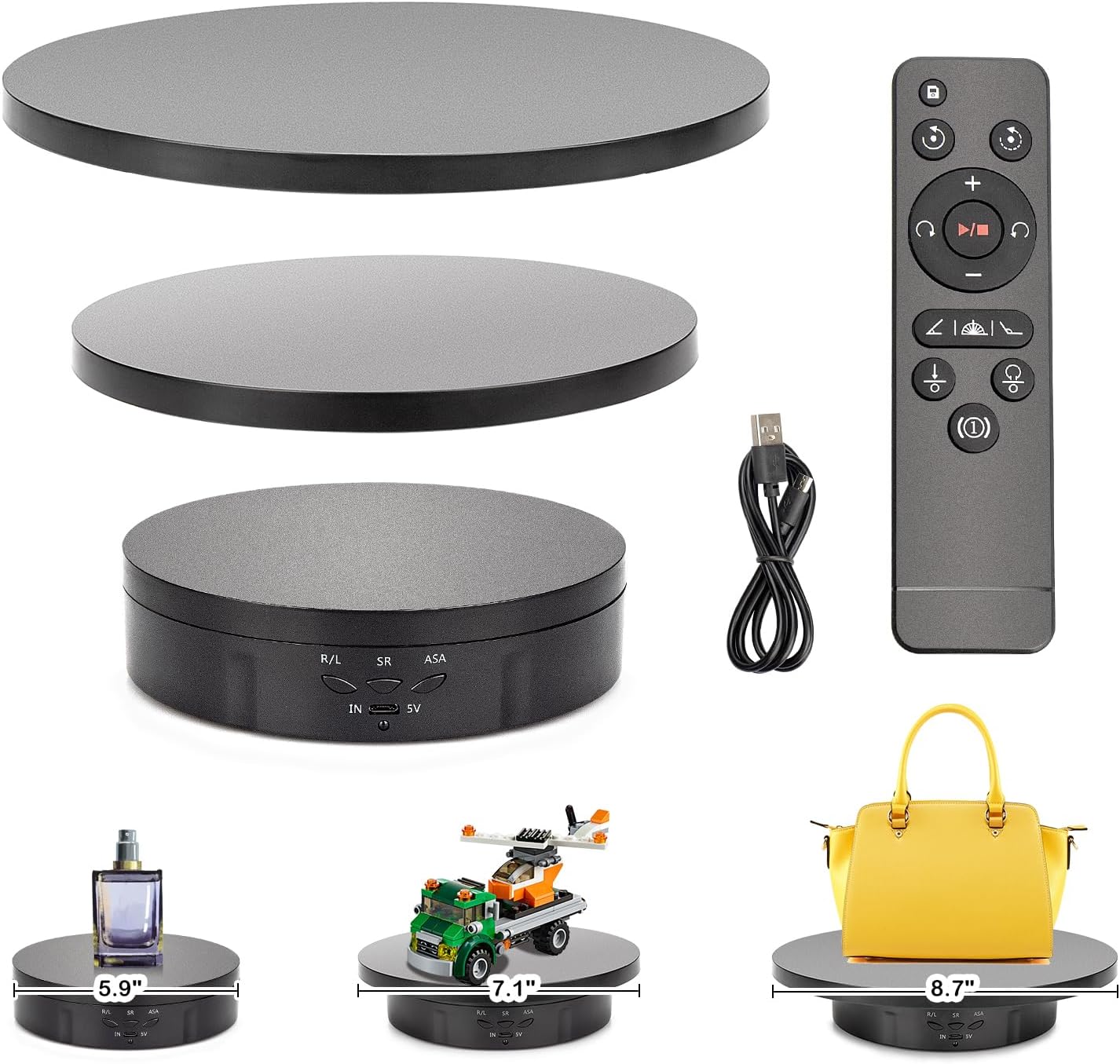 Leadleds 3 in 1 Rotating Display Stand 5V Electric 360 Degree Turntable with Remote Control for Photography and Video Shows (Black)