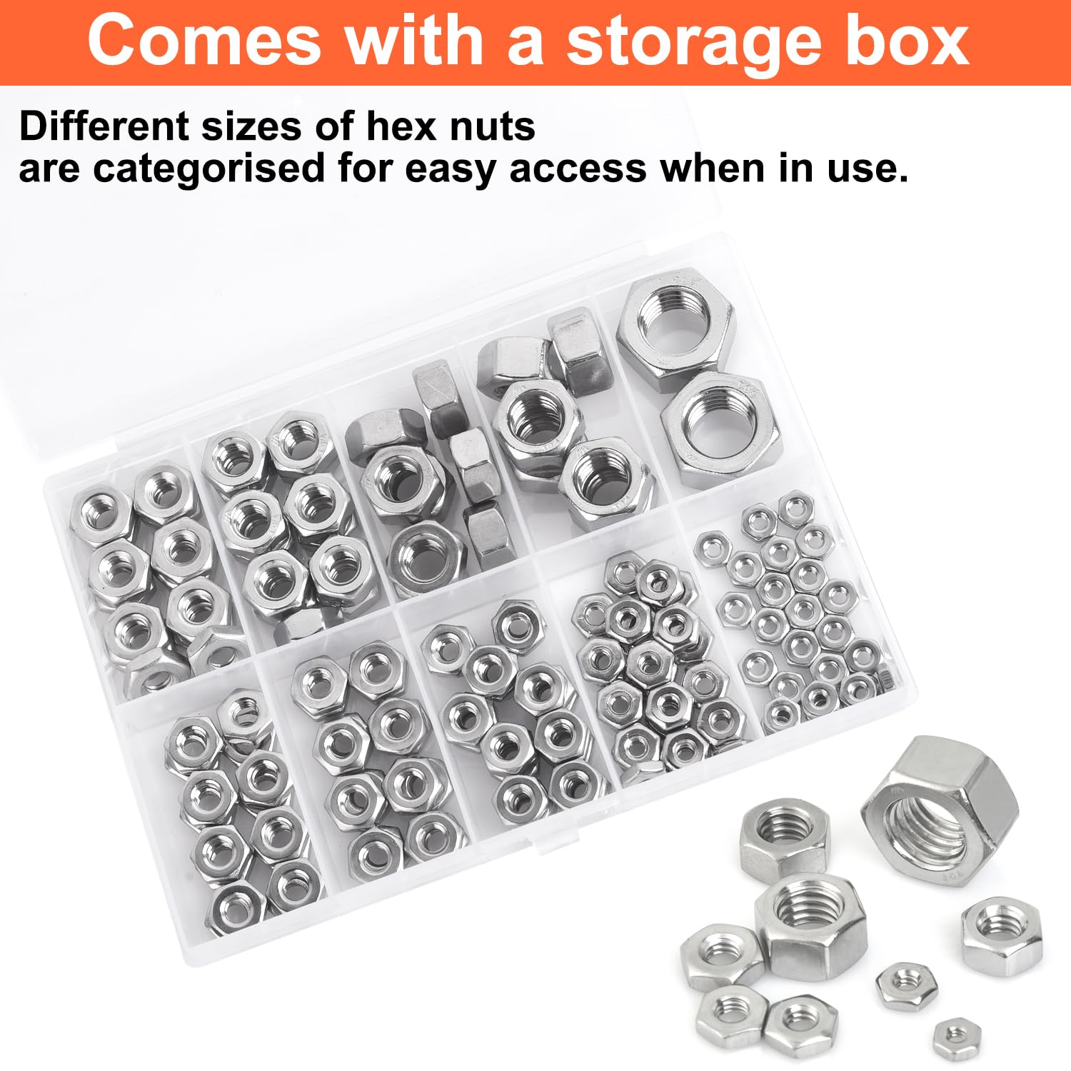 Hex Nuts Assortment Kit - 150PCS Hardware Nuts Sets,4#40 6#32 8#32 10#24 10#32 12#24 1/4-20 5/16-18 3/8-16 1/2-13 Nuts,304 Stainless Steel image 4