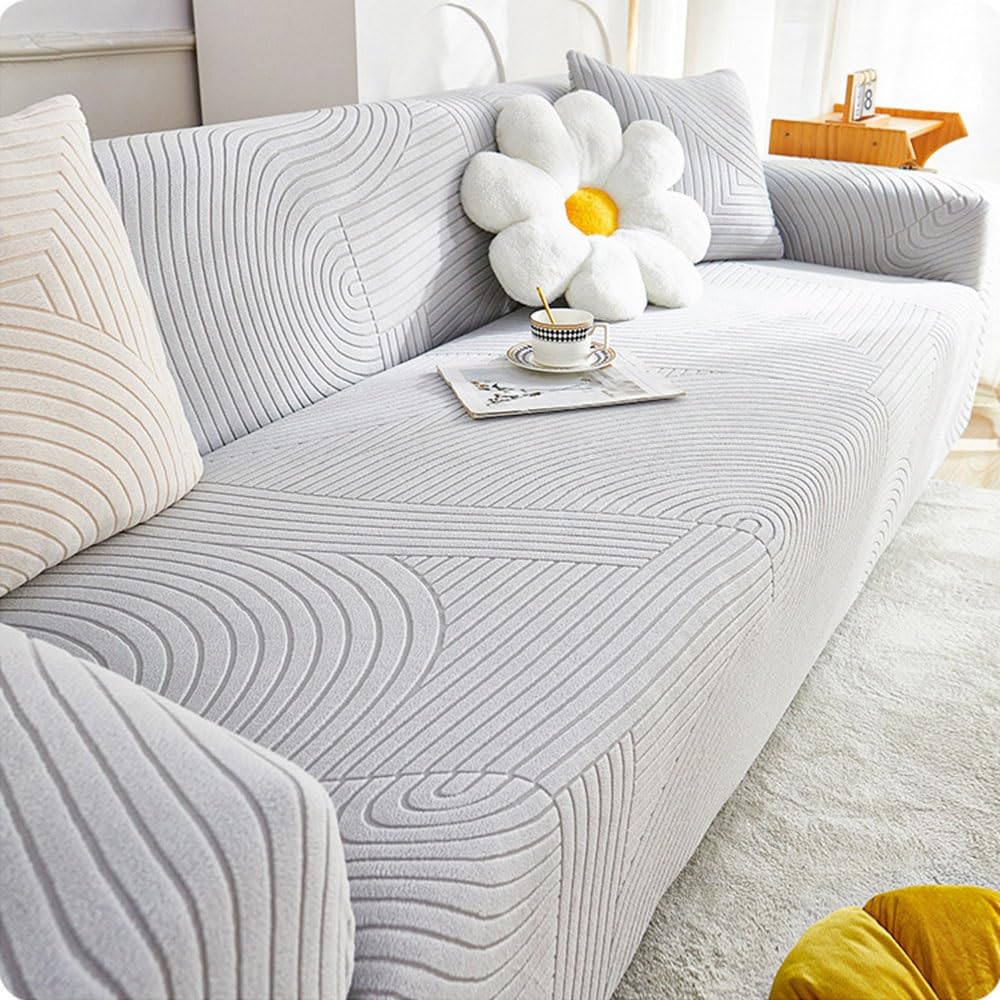 Housse de canapé extensible RKK 5 places gris en polaire épaisse jacquard