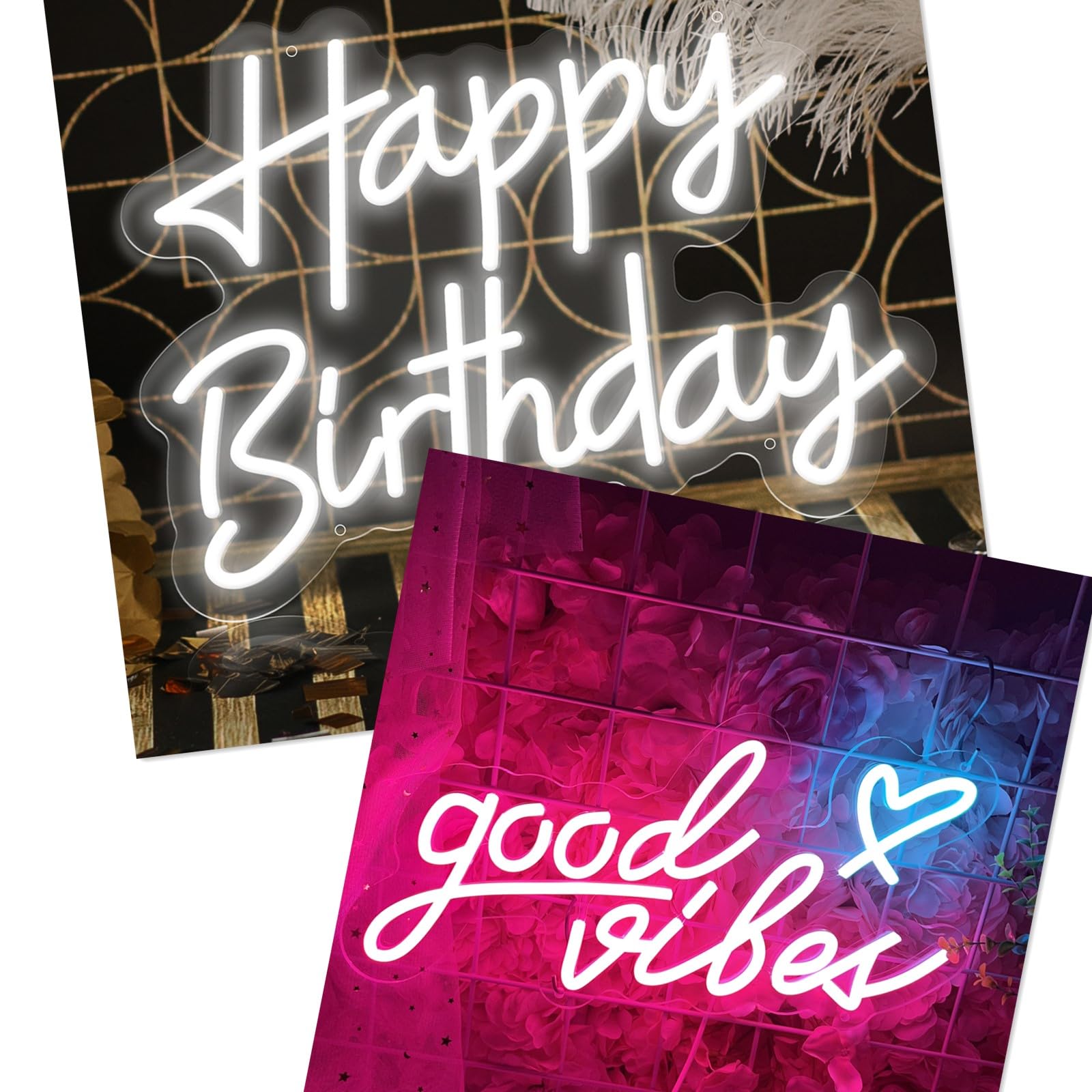Happy Birthday Neon Sign Bundle with Pink Good Vibes Neon Sign