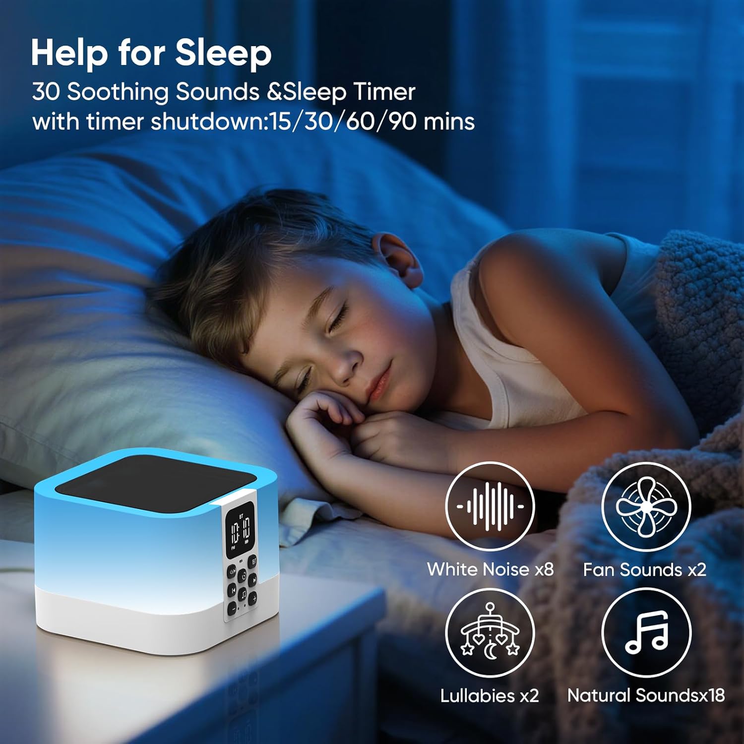 Night Light Bluetooth Speaker, Baby Nursery Night Lamp for Breastfeeding, Alarm Clocks for Kids, 30 Sounds Machine & Sleep Timer, Touch Bedside Lamp, 8 Color Changing, Gifts for Teens Boys - Image 5