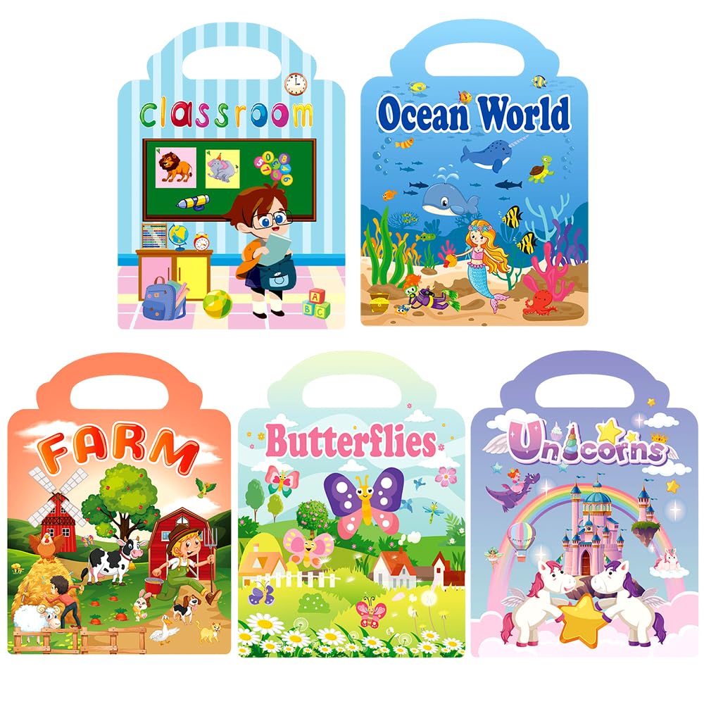 5 Pack Reusable Sticker Books for Kids,Travel Airplane Activity Packs for Children,3D Puffy Stickers Books for Children Ages 4-6,Travel Stickers and Educational Learning Toy,Birthday Gifts for Kids