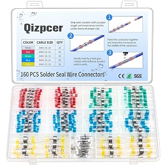 160 Pcs Solder Seal Wire Connectors Kit, Electrical Connectors Heat Shrink Wire Connectors Waterproof Electrical Cable Butt Terminals for Marine Automotive Trailer RV Boat Truck Wiring