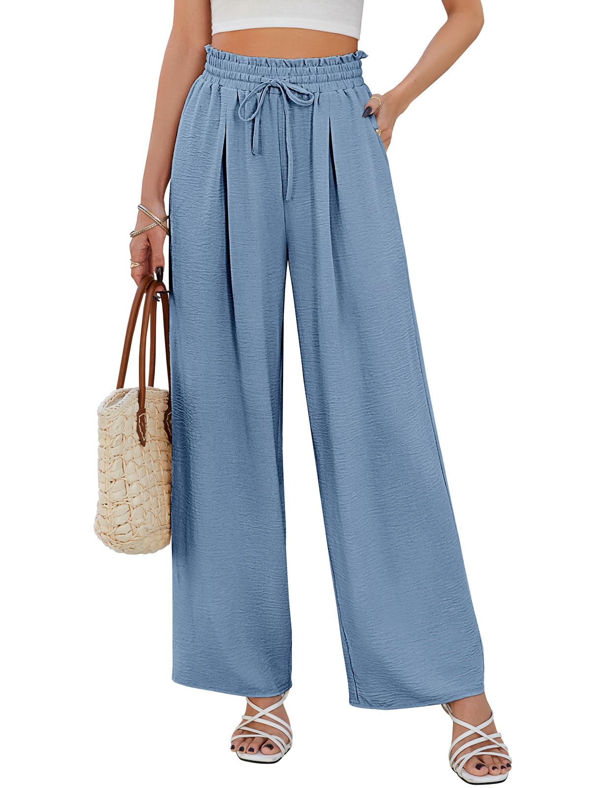 CMTOP Pantalon Femme Été Fluide à Jambes Larges Taille Haute Elastique avec Cordon de Serrage, Léger et Elegant de Plage Décontracté avec Poches