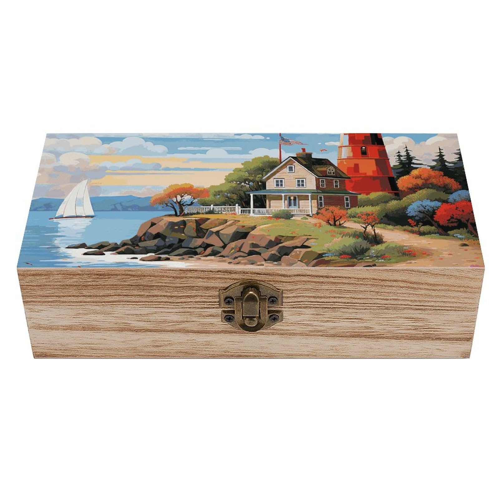 JTREHY Wooden Storage Box Container,Coastal Lighthouseprinted Desk Storage Box Room Decoration Box Souvenir Storage Box for Jewelry Gift Storage And Home Decoration
